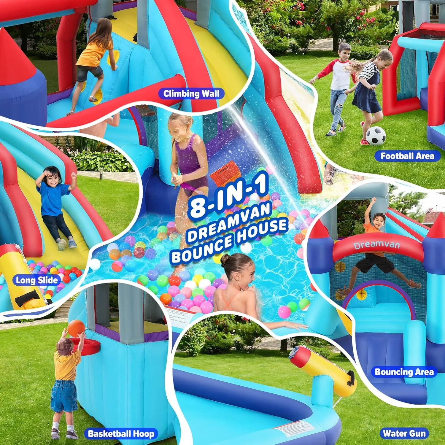 Bounce House for Kids with Blower, Inflatable Water Slide with Soccer Frame, Water Cannon Included, Backyard Water Park for Indoor/Outdoor Parties, Toddler Gift