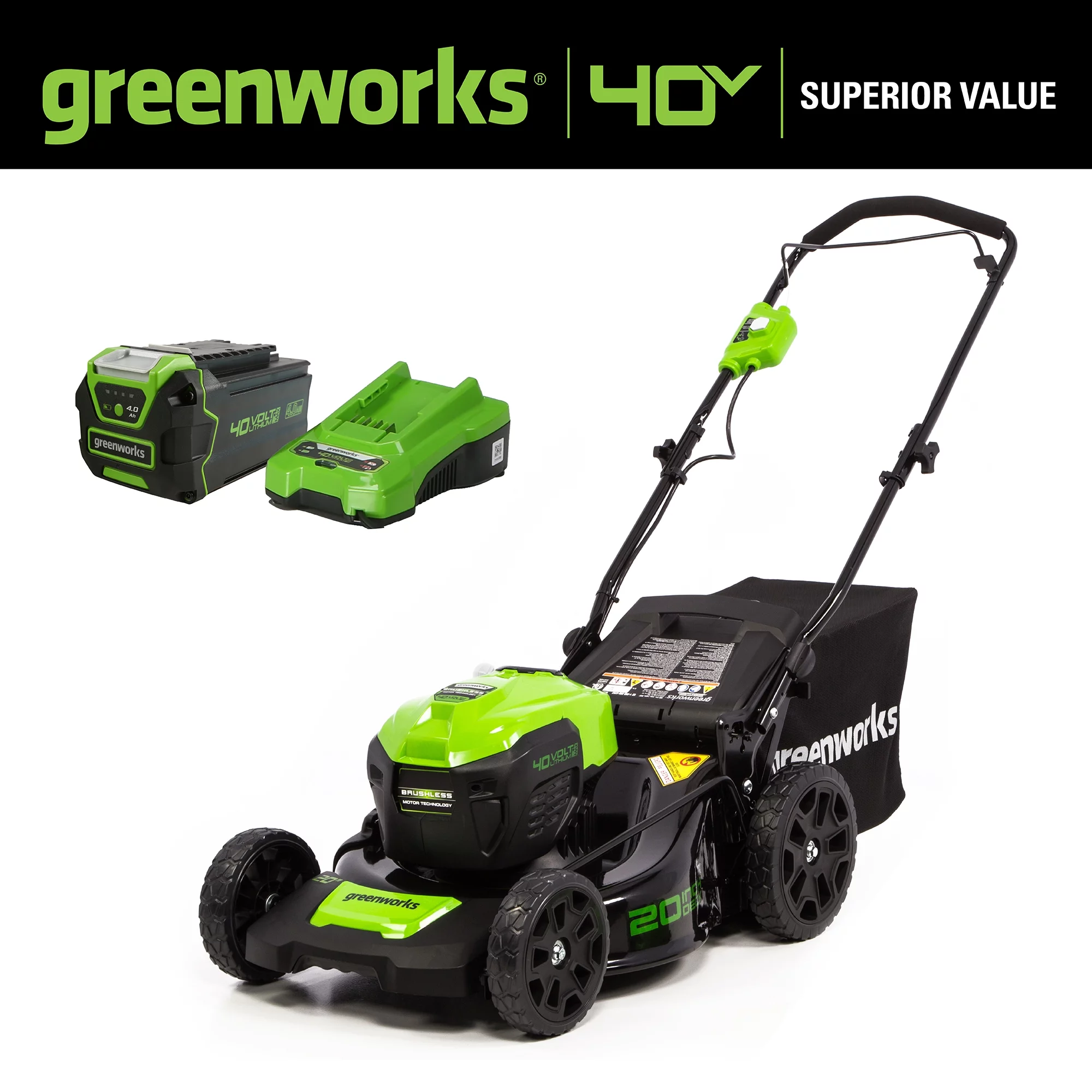 Greenworks 40V 20″ Brushless Push Lawn Mower with 4.0 Ah Battery & Quick Charger 2516302VT