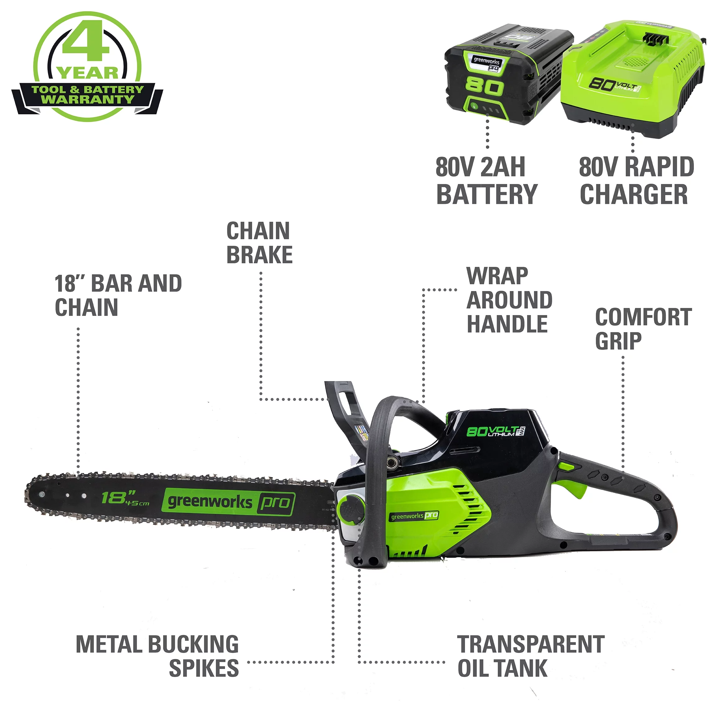 Discontinued – Greenworks 80V 18-inch Cordless Brushless Chainsaw Kit with 2.0 Ah Battery & Charger, 2004602