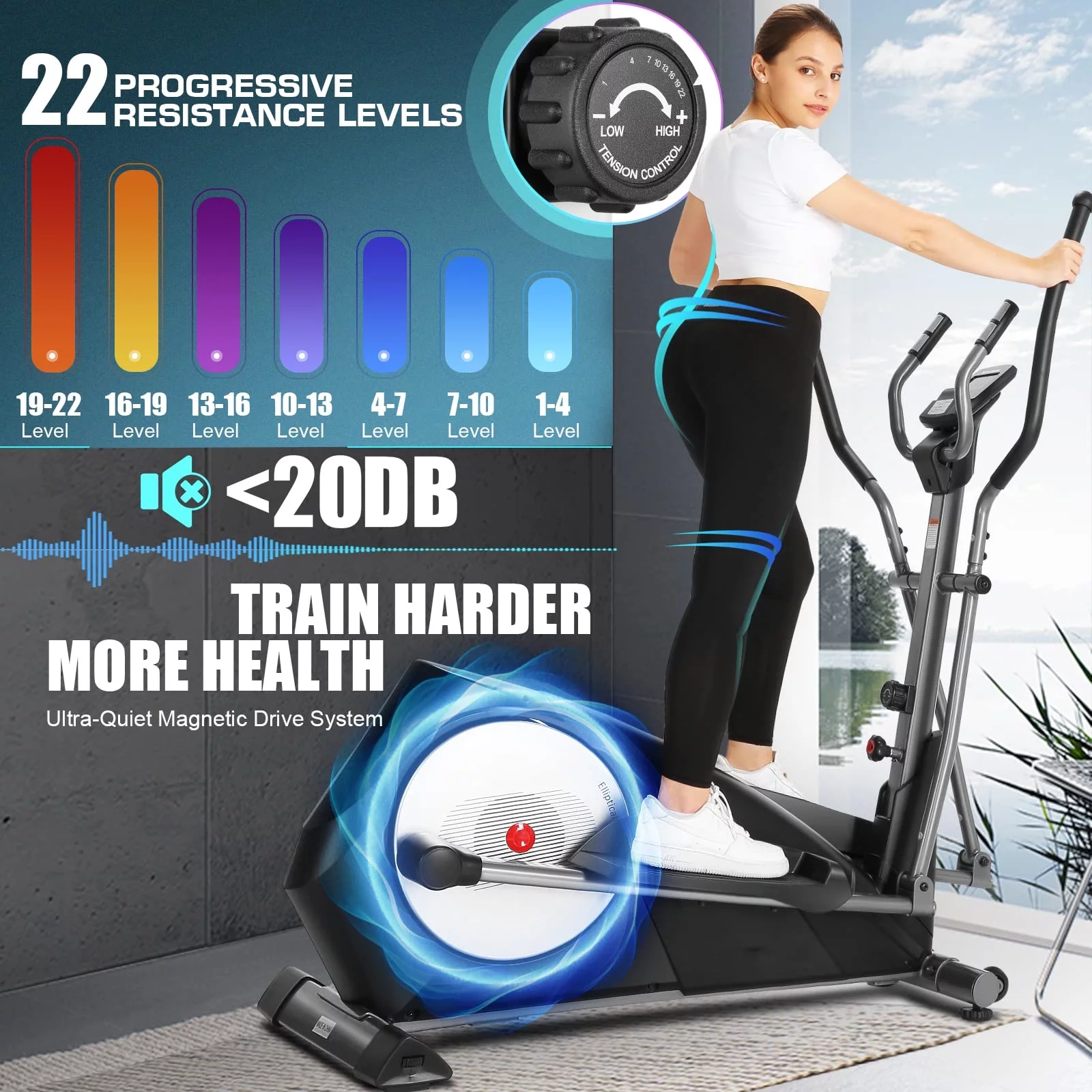 YOUNGFIT Elliptical Machine with 22 Resistance Levels, Elliptical Exercise Machine Cross Trainer Hyper-Quiet Magnetic, LCD Display Elliptical Bike for Home Gym