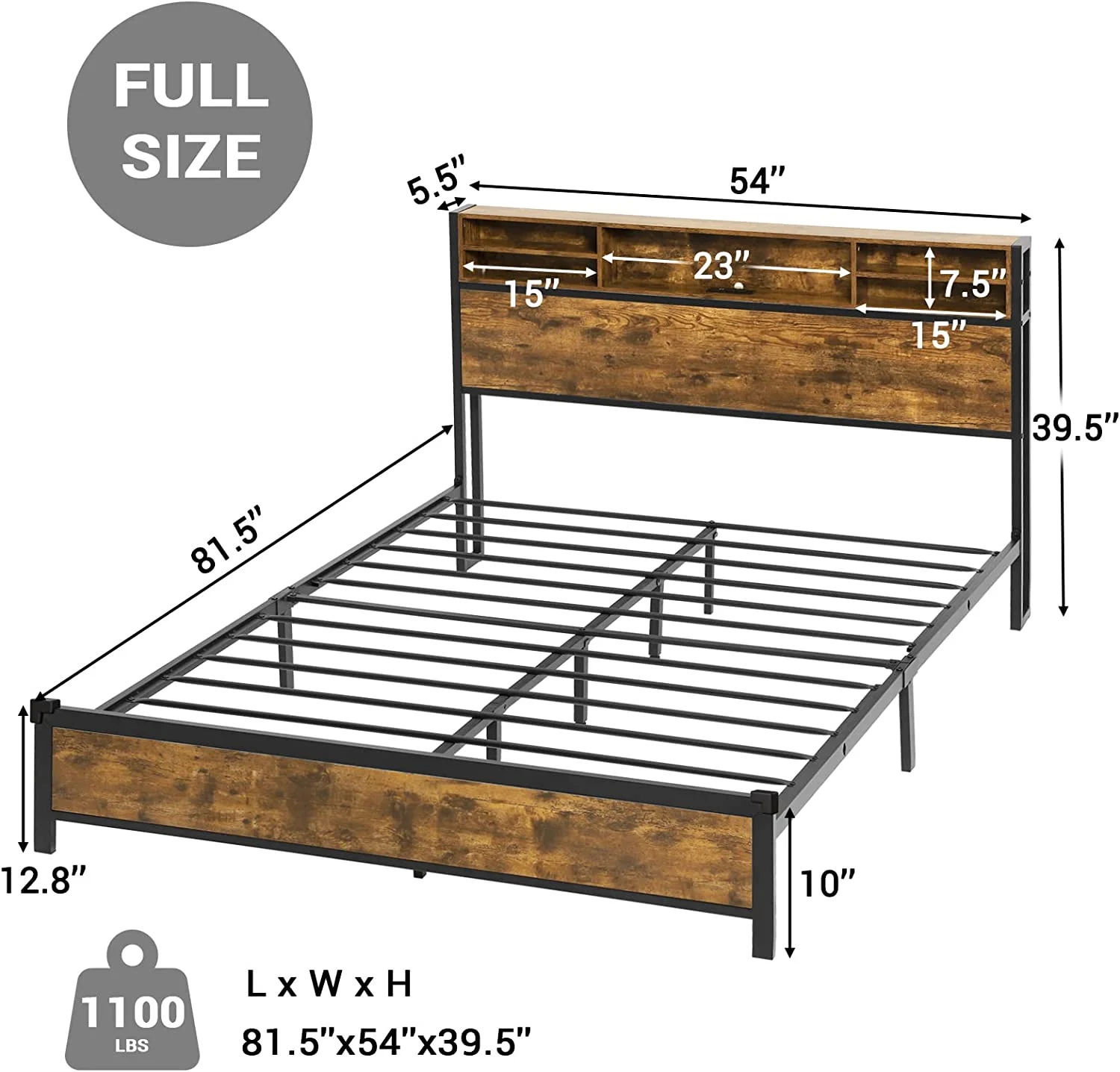 Afuhokles Queen Bed Frame with LED Lights Headboard, Metal Platform Bed with Outlets and USB Ports, Storage Headboard, Vintage Brown