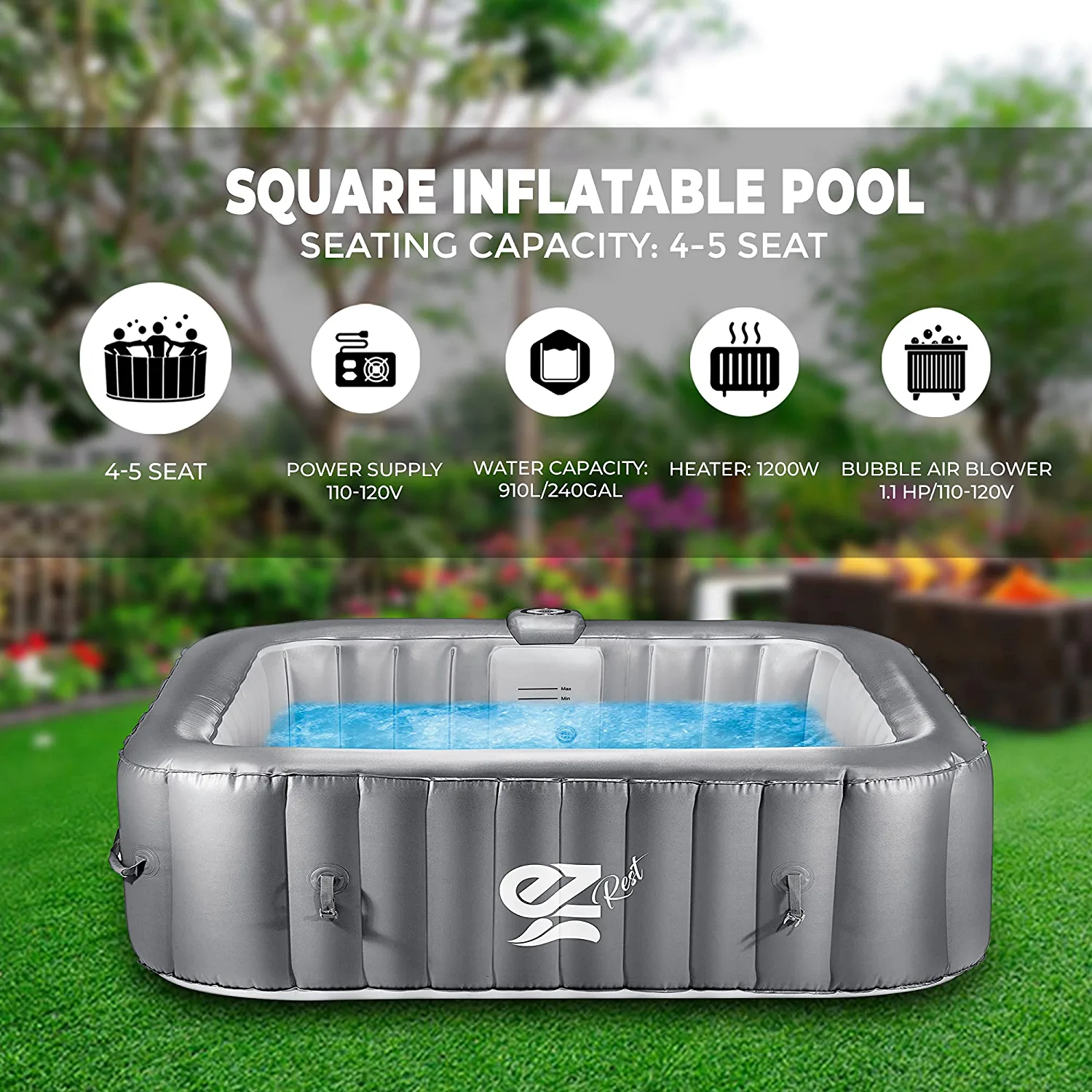 SereneLife Outdoor Portable Hot Tub  6-Person Square Inflatable Heated Pool Spa with 130 Bubble Jets, Gray