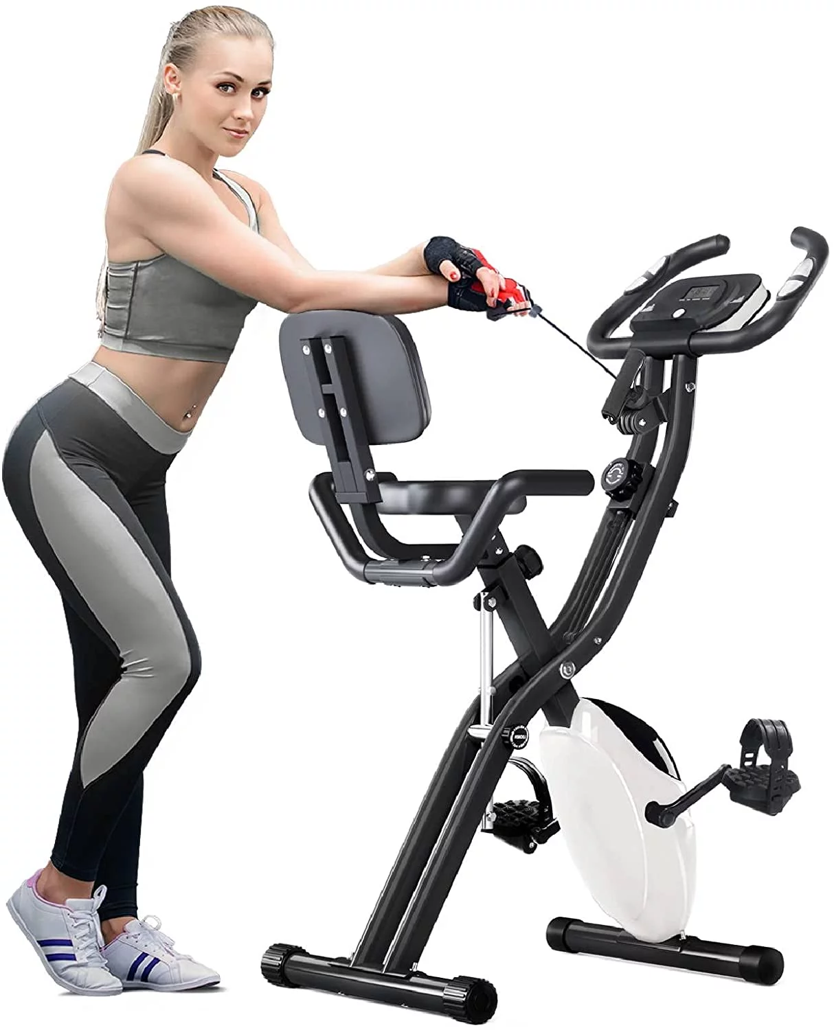 Folding Recumbent Exercise Bike, 3-in-1 Compact Stationary Bicycles Exercise Bike w/ Adjustable Arm Resistance Bands, LCD Monitor, Tablet Holder, High Backrest, Holds 350 lbs,