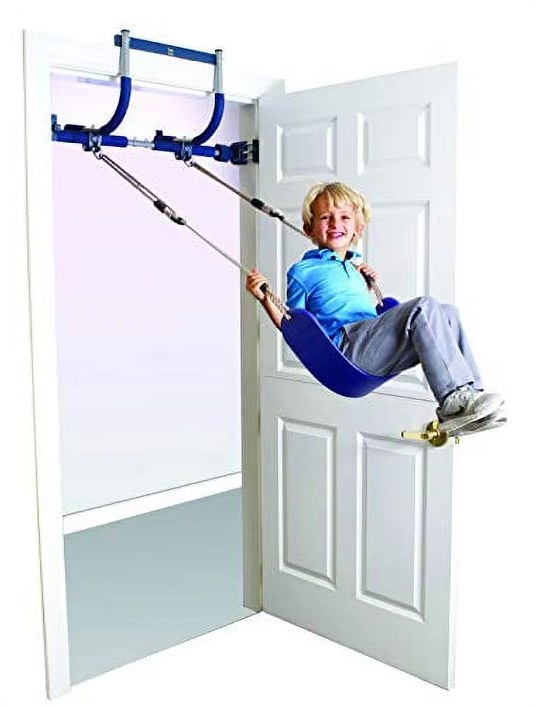 Gym1 – Deluxe Indoor Doorway Gym for Kids Playground Set – All in One Gym Set – Four Ways of Fun: Blue Indoor Swing, Plastic Rings, Climbing Ladder, and Pull Up Bar