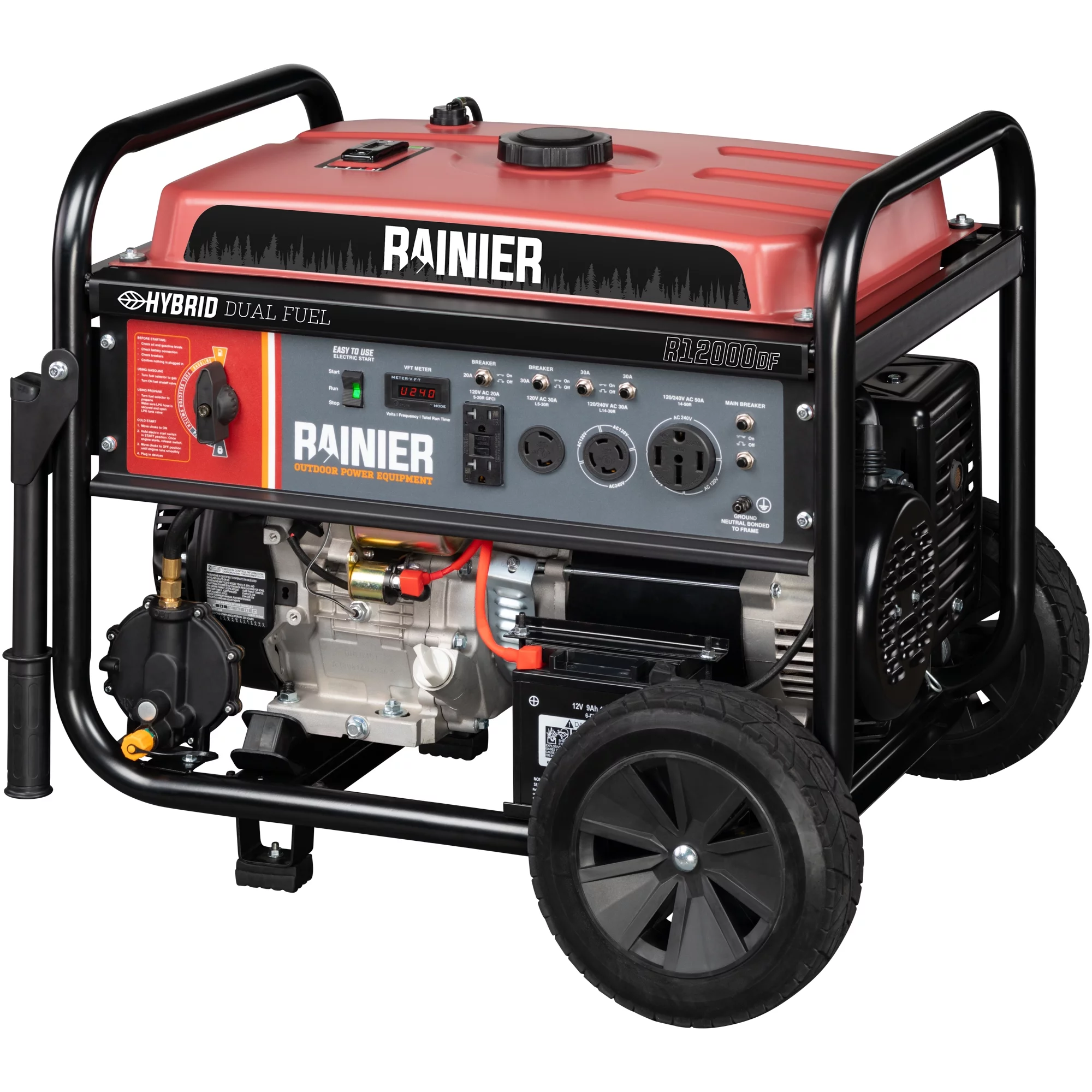 Rainier 12000 Peak Watt Dual Fuel, Gas and Propane, Portable Generator with Electric Start, Transfer Switch Ready