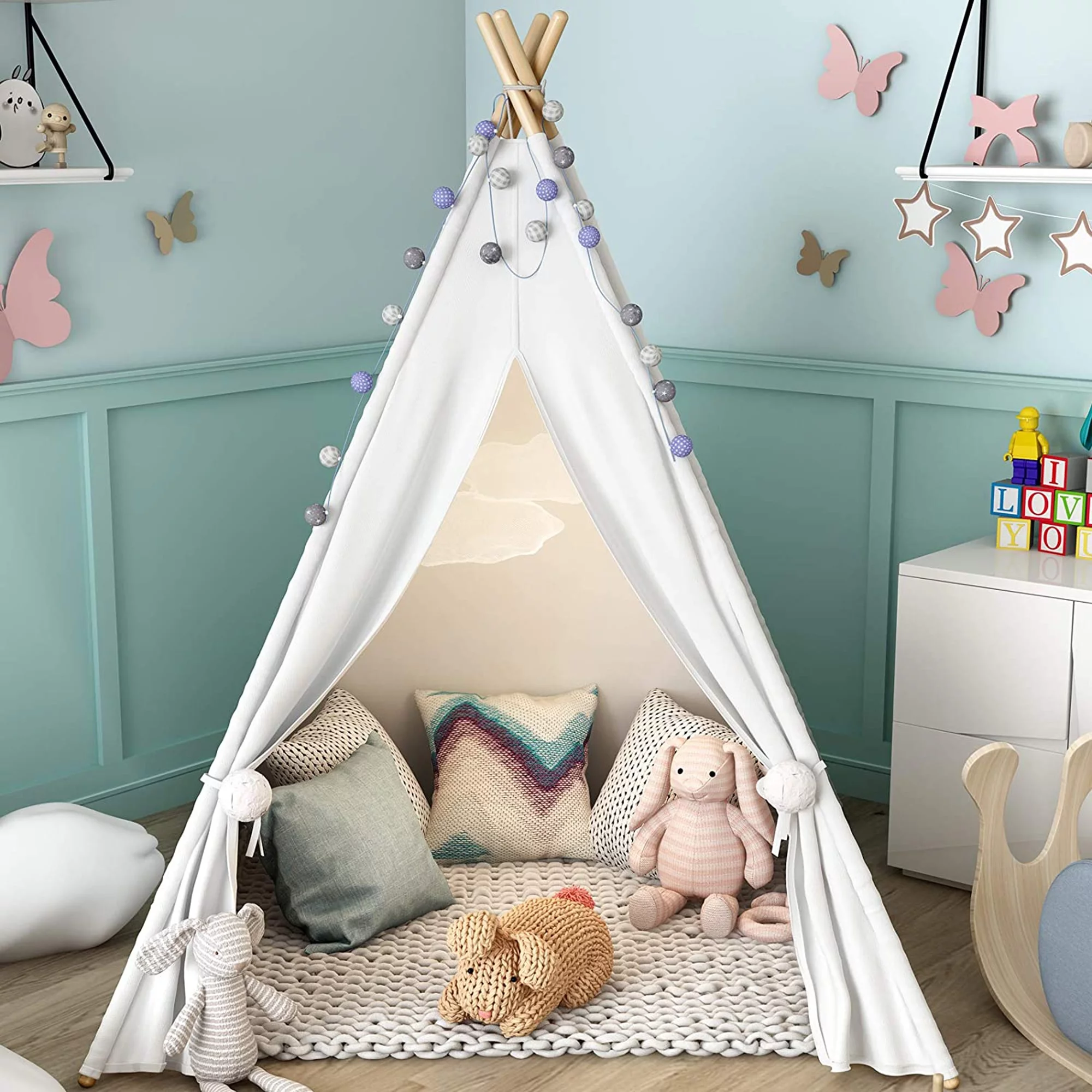 SHCKE Large Kids Teepee Tent Kids Foldable Play Tent for 3 4 5 6 Year Old Girls White Canvas Teepee Indoor Outdoor Games Kids Playhouse Kids Tent