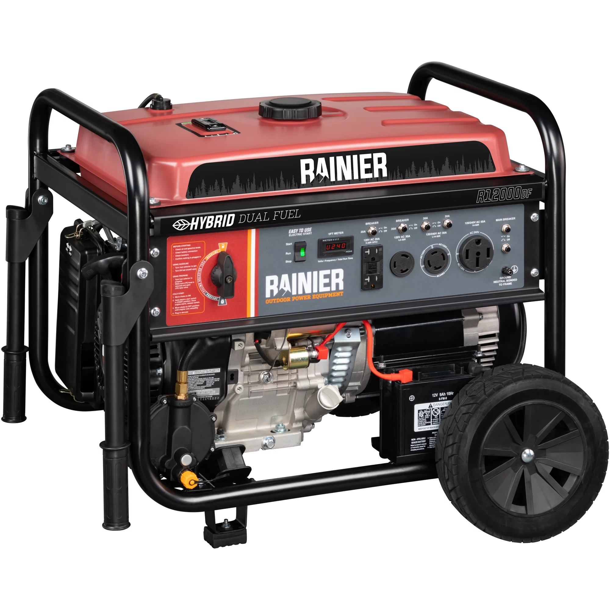 Rainier 12000 Peak Watt Dual Fuel, Gas and Propane, Portable Generator with Electric Start, Transfer Switch Ready