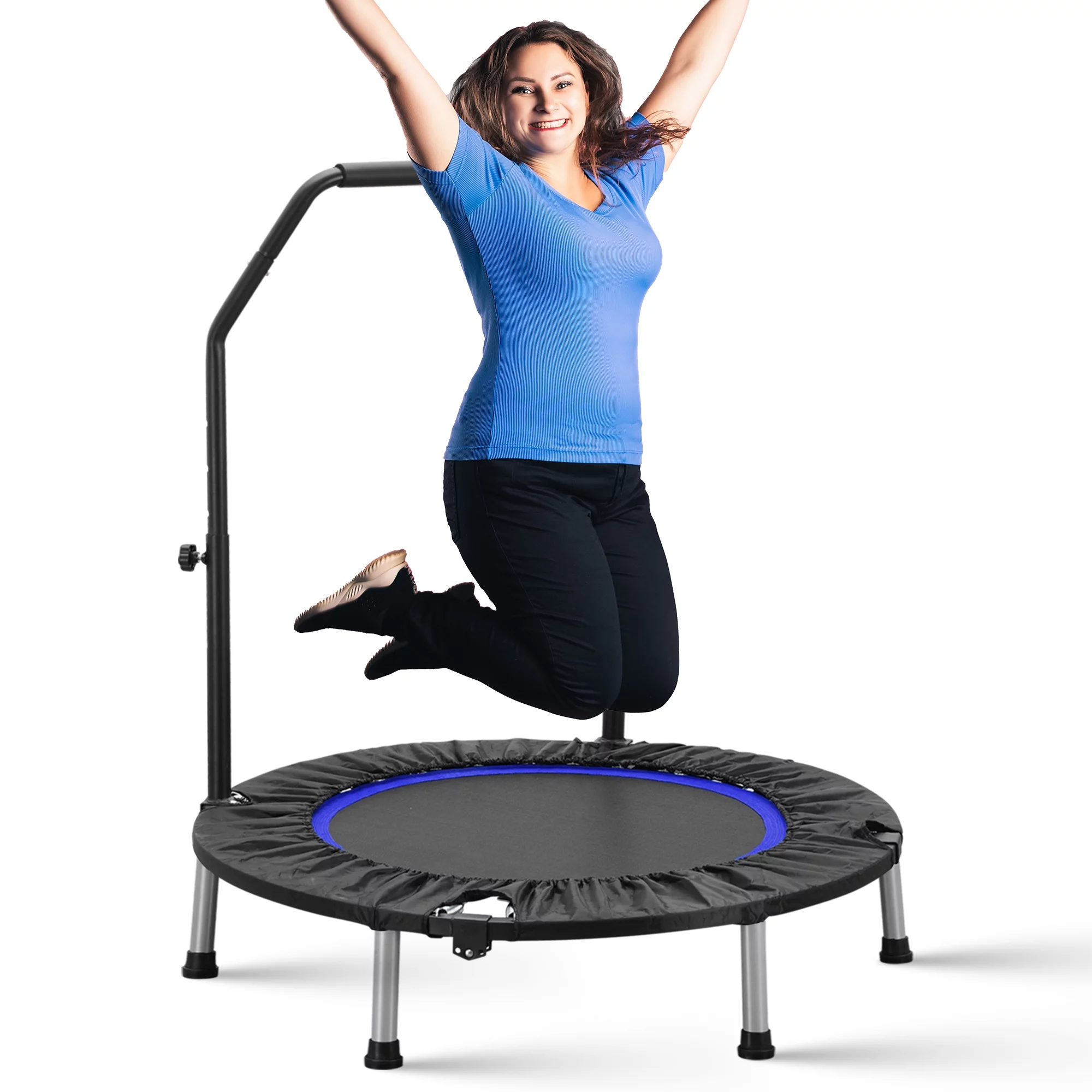 ZENOVA 40″ Mini Trampoline for Adults and Kids Fitness, Indoor Trampoline Rebounder with Adjustable Foam Handle for Bounce Workout Max Load 330lbs, Blue and Black