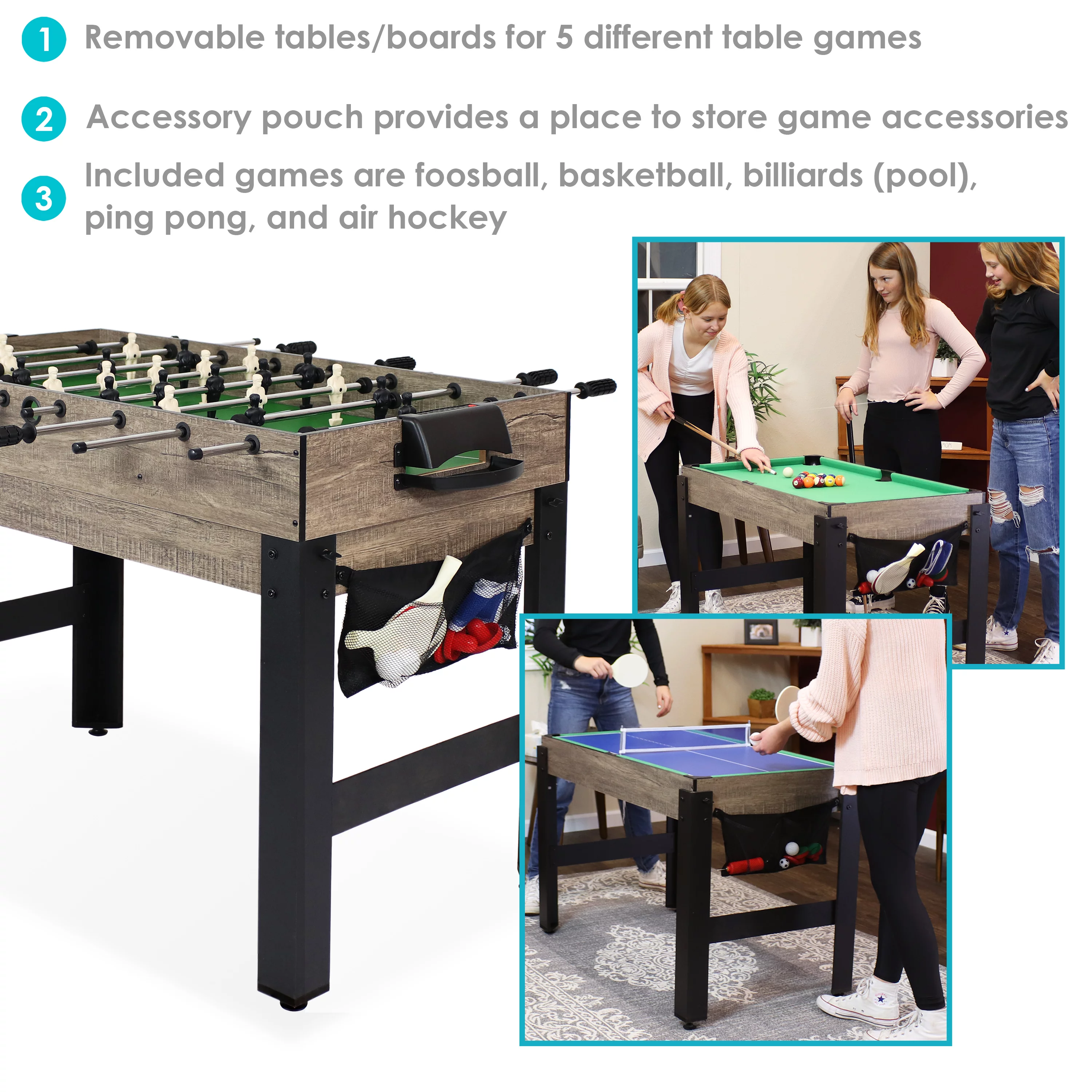 Sunnydaze Indoor Rustic Style 2 Player 5-in-1 Multi-Game Table with Billiards, Push Hockey, Foosball, Ping Pong, and Basketball – 45″ – Weathered Gray