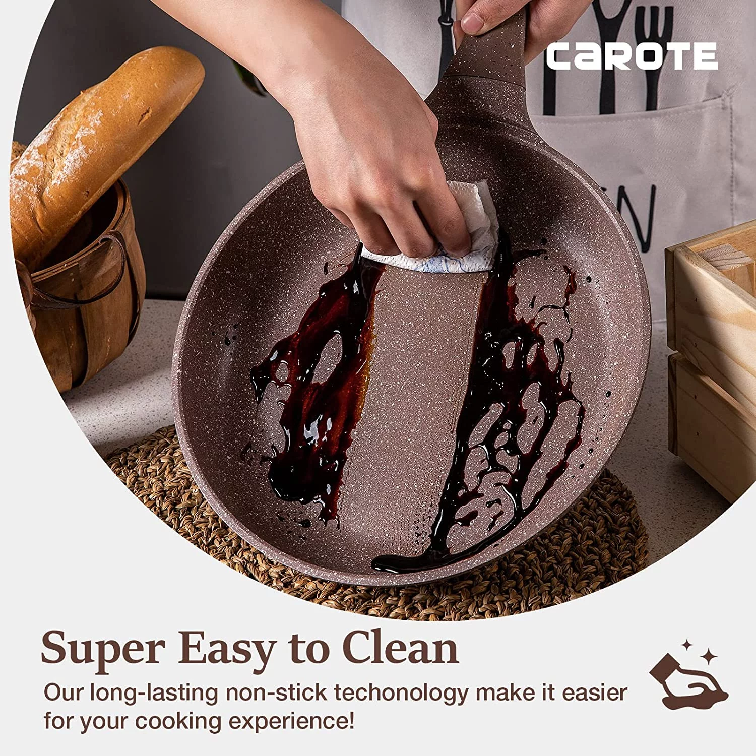 Carote Nonstick Granite Cookware Sets, 10 Pcs Brown Granite Pots and Pans Set, Induction Stone Kitchen Cooking Set