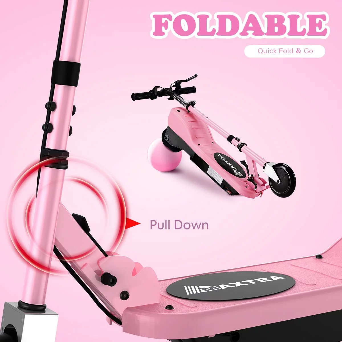 Maxtra Folding Electric Scooter, Adjustable Handlebar for Kids Ages 6-12, 60 Min Run Time Pink