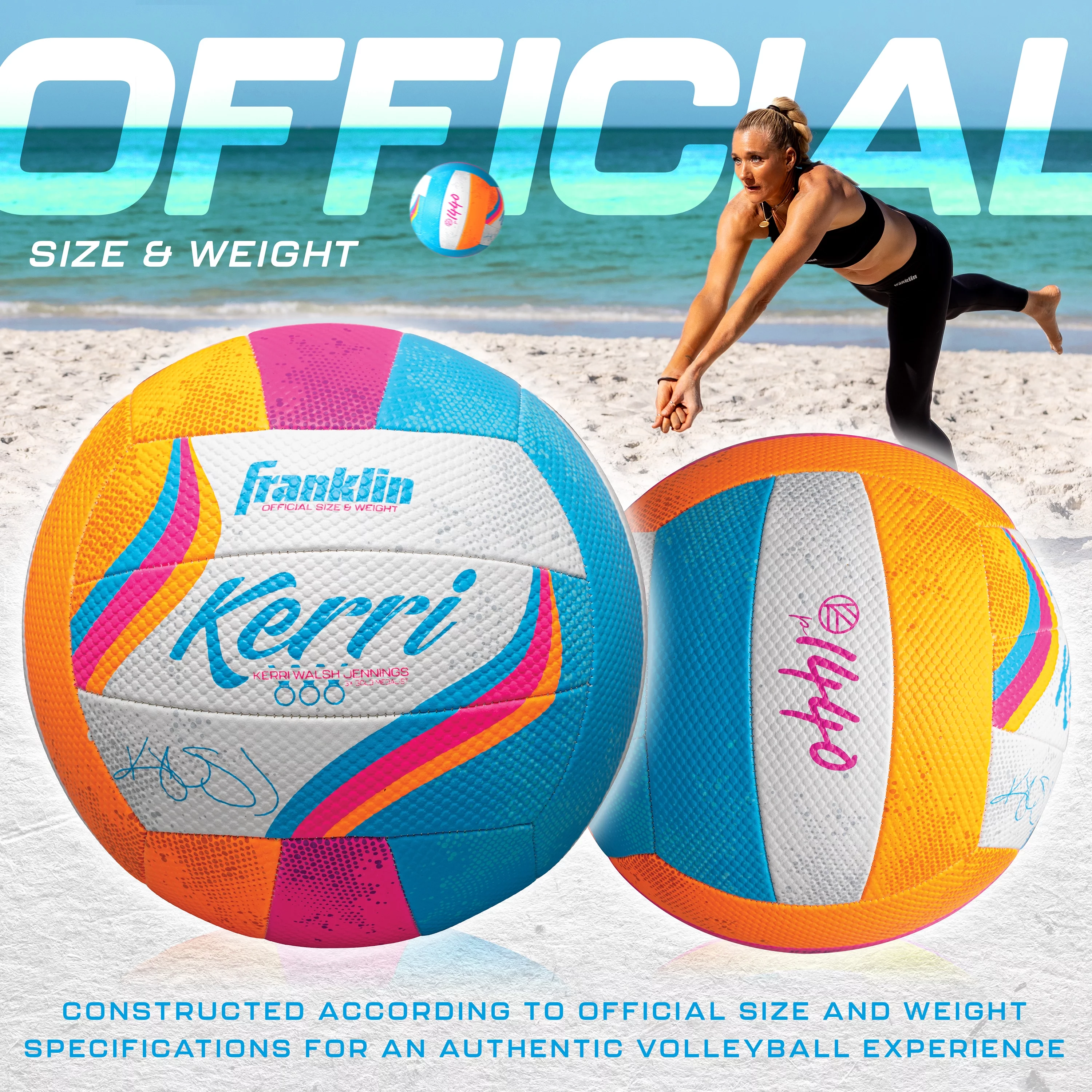 Franklin Sports Kerri Walsh Beach, Soft Cover Outdoor Volleyball for Kids and Adults with Pump and Needle Included