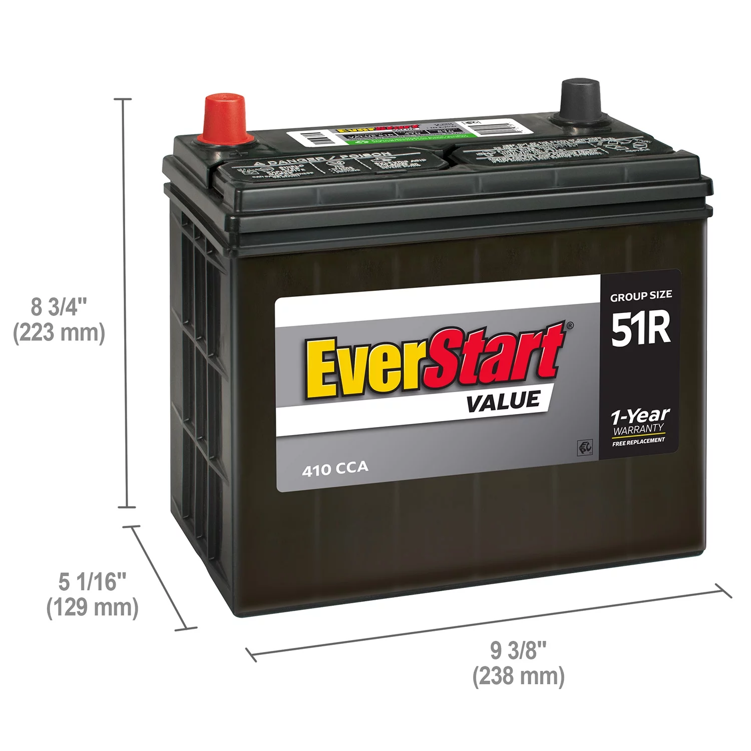 EverStart Value Lead Acid Automotive Battery, Group Size 51R 12 Volt, 410 CCA