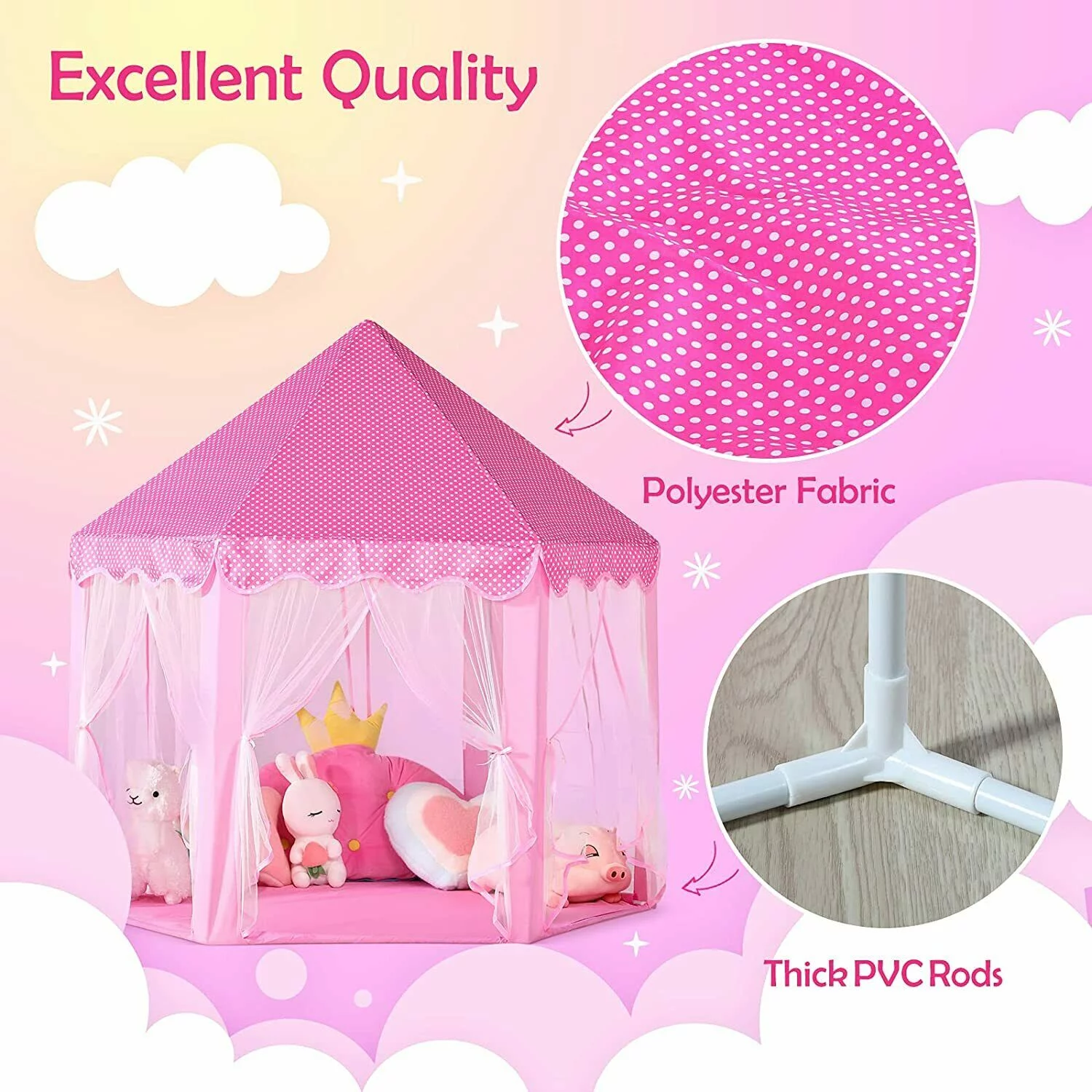 Castle Tent for Girls, Play Tents for Kids Hexagon Playhouse with Fairy Star Lights Toys for Indoor and Outdoor Games