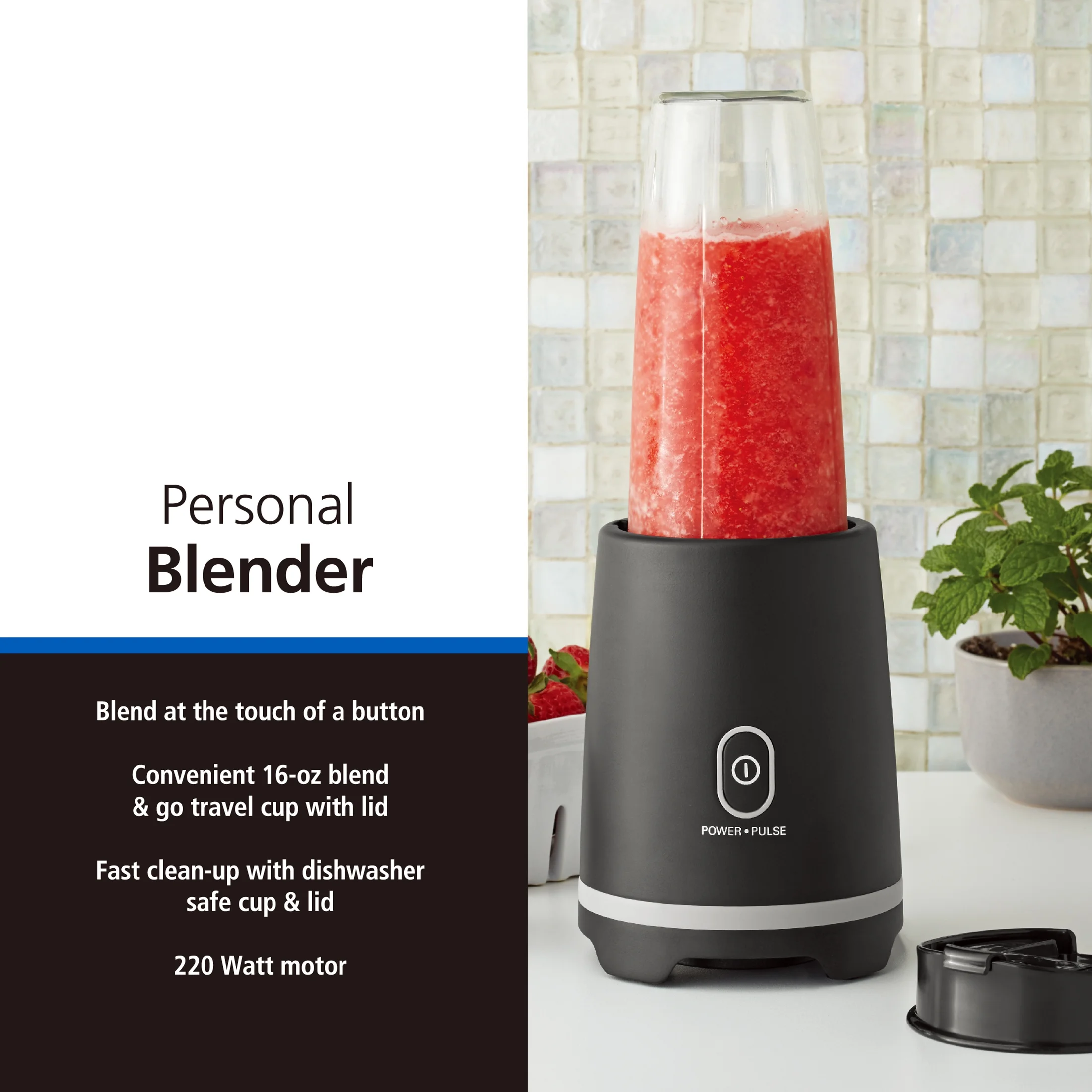 Mainstays Black Single-Serve Blender with 1 Travel Lid, 16 oz, New