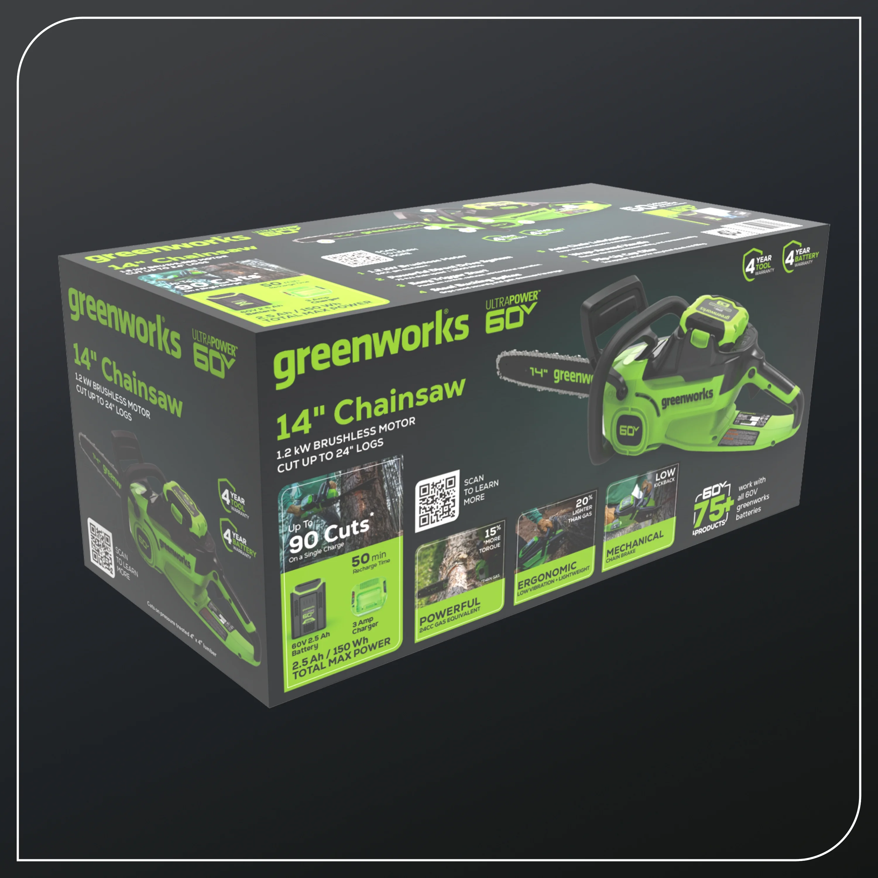 Greenworks 60V 14?? 1.2kW Chainsaw with 2.5 Ah Battery & 3 Amp Charger 2028702