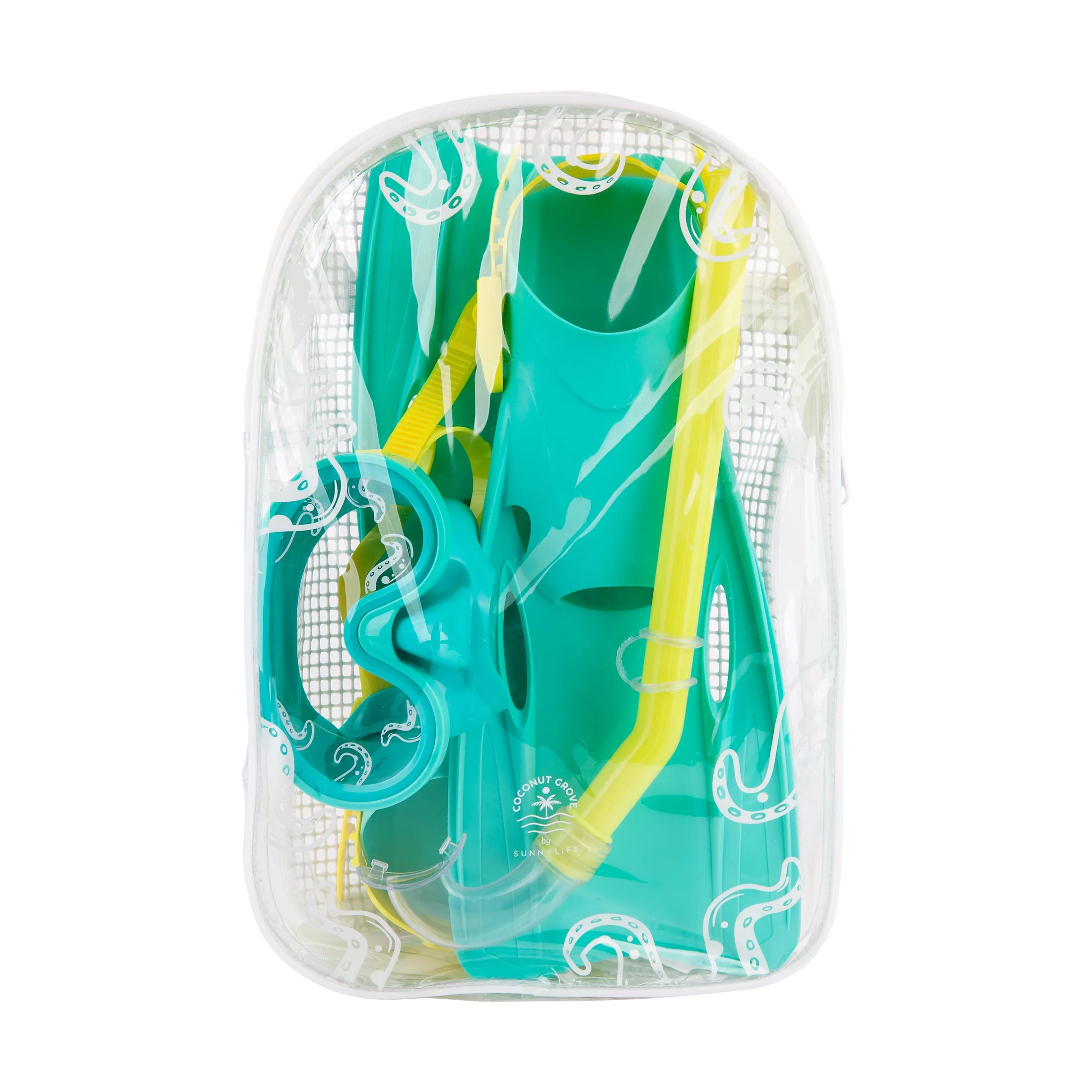 Coconut Grove by Sunnylife- Kids, Unisex Swim Snorkeling Set Octopus, Green- Goggles, Snorkel, Flippers & Carry Bag Included