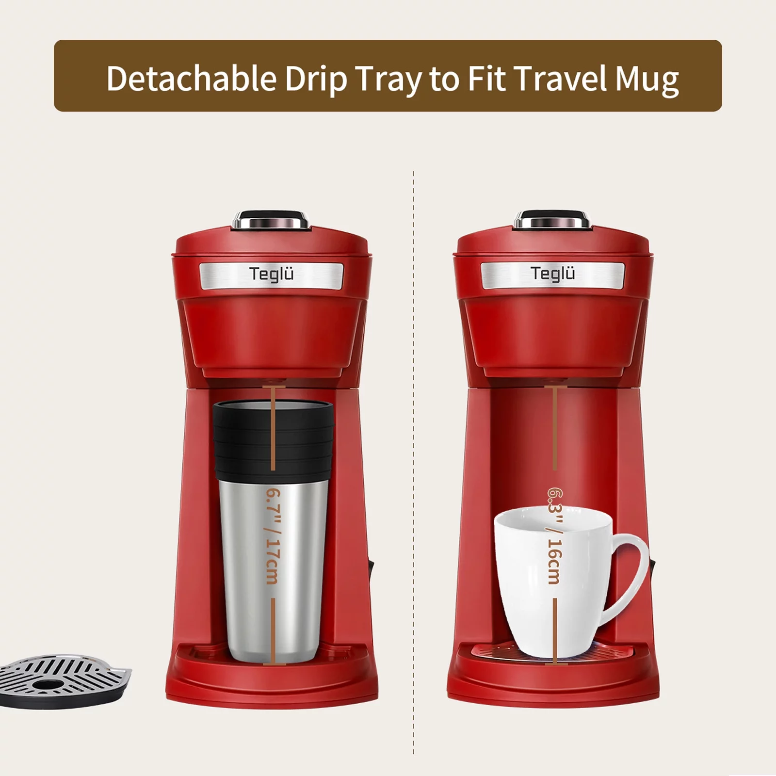 2 in 1 Single Serve Coffee Maker for K Cup Pods & Ground Coffee, Mini K Cup Coffee Machine with 6 to 14 oz Brew Sizes, Single Cup Coffee Brewer with One-Press Fast Brewing, Reusable Filters,Red