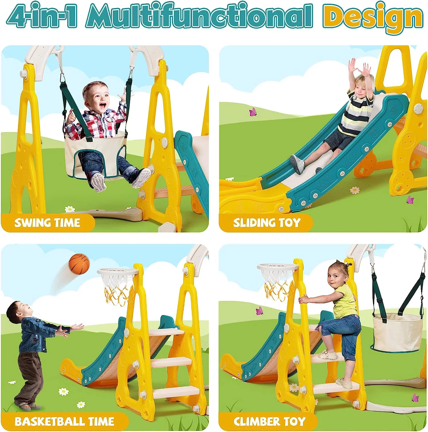 Ealing 4 in 1 Toddler Swing and Slide Playset for Age 1-3 Indoor Outdoor Playground Baby Swing Set with Slide Climber Basketball Hoop for Boys and Girls (Yellow)