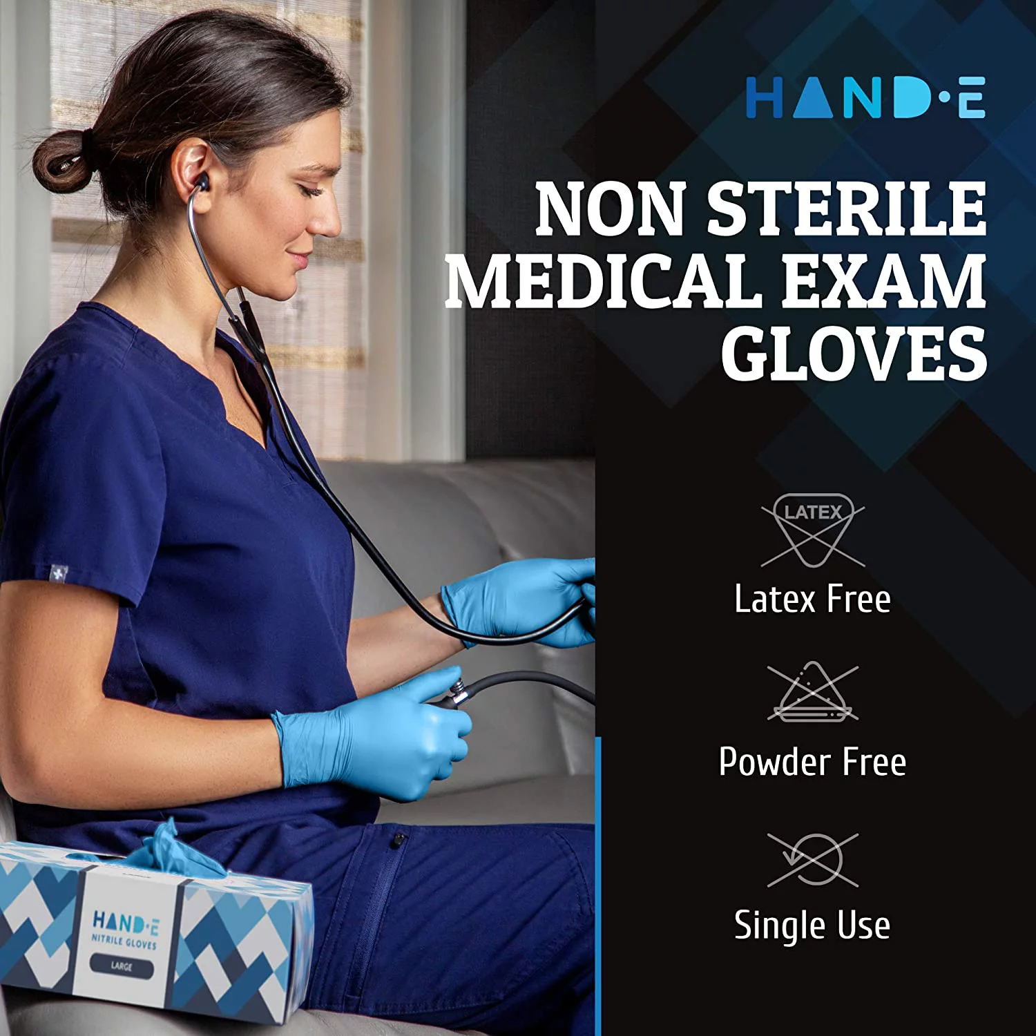 Hand-E Nitrile Gloves (L -100 Count) 3 Mil, Blue Disposable Latex and Powder Free Medical and Household Gloves