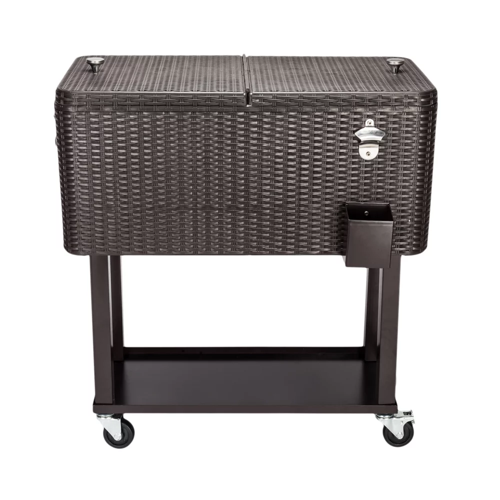 Outdoor Rattan Beverage Cooler Cart, 80 Quart Rolling Patio Cooler for Outdoor Deck Party, Portable Wicker Ice Chest Cooler with Wheels, Shelf, Bottle Opener, JA2261