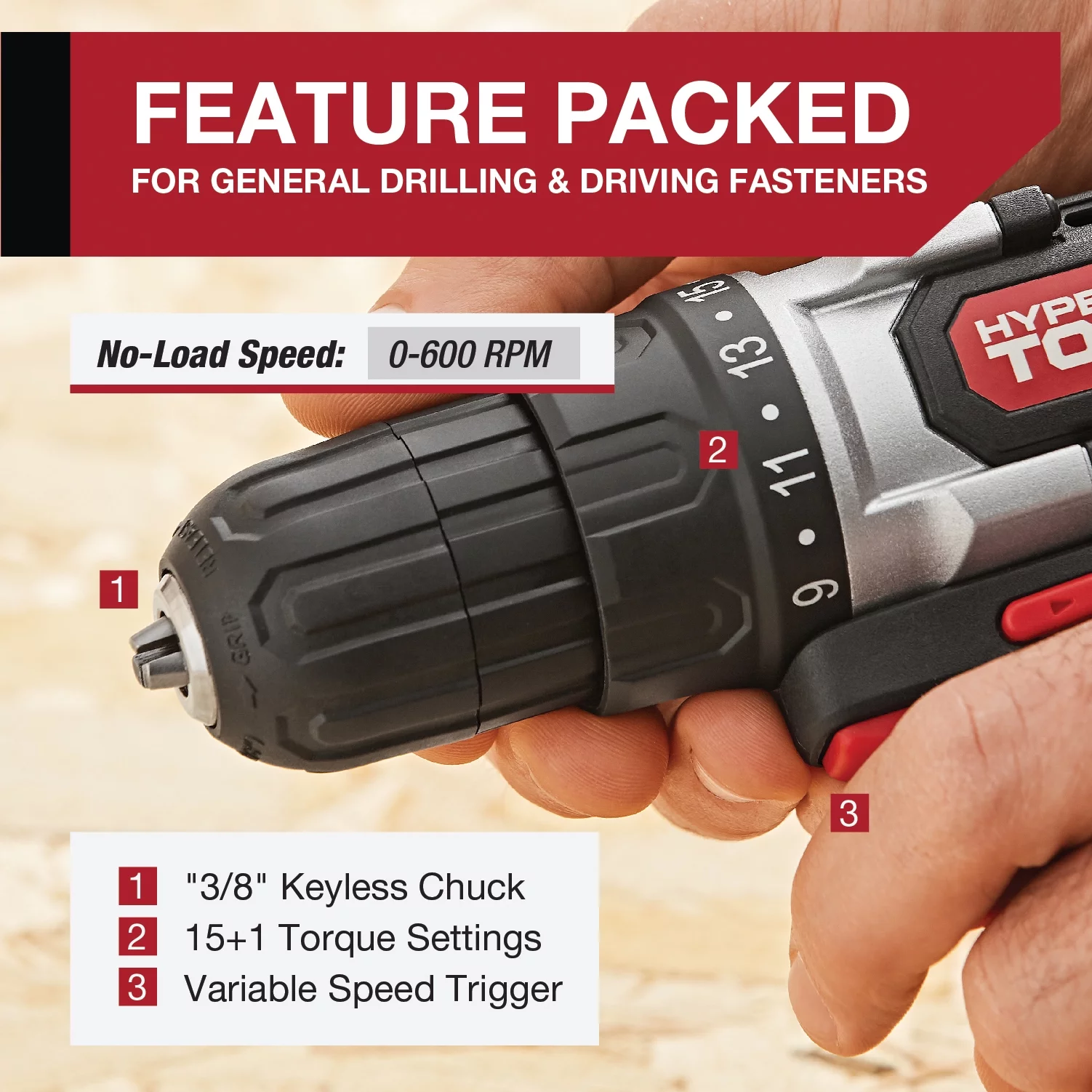 Hyper Tough 20V Max Lithium-Ion Cordless Drill, Variable Speed with 1.5Ah Lithium-Ion Battery & Charger