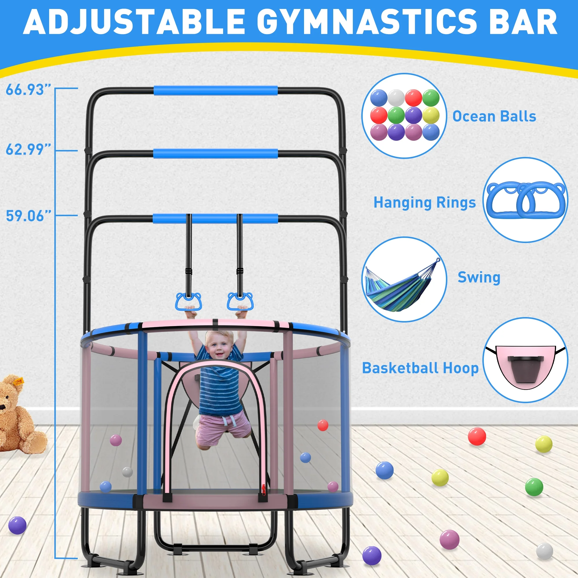 CITYLE Trampoline for Kids, 5FT Toddler Trampoline with Basketball Hoop, Swing, Adjustable Bar, Indoor Outdoor Mini Trampoline with Enclosure Net, Gifts for Toddlers, Boys & Girls Age 1-8