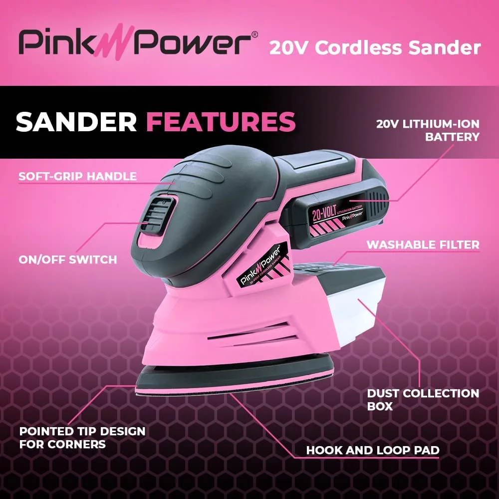 Pink Power Sander Tool – Detail Sander – Hand Sanders for Wood – 20V Palm Sander Cordless for Woodworking with Sandpaper, Li-Ion Battery & Charger