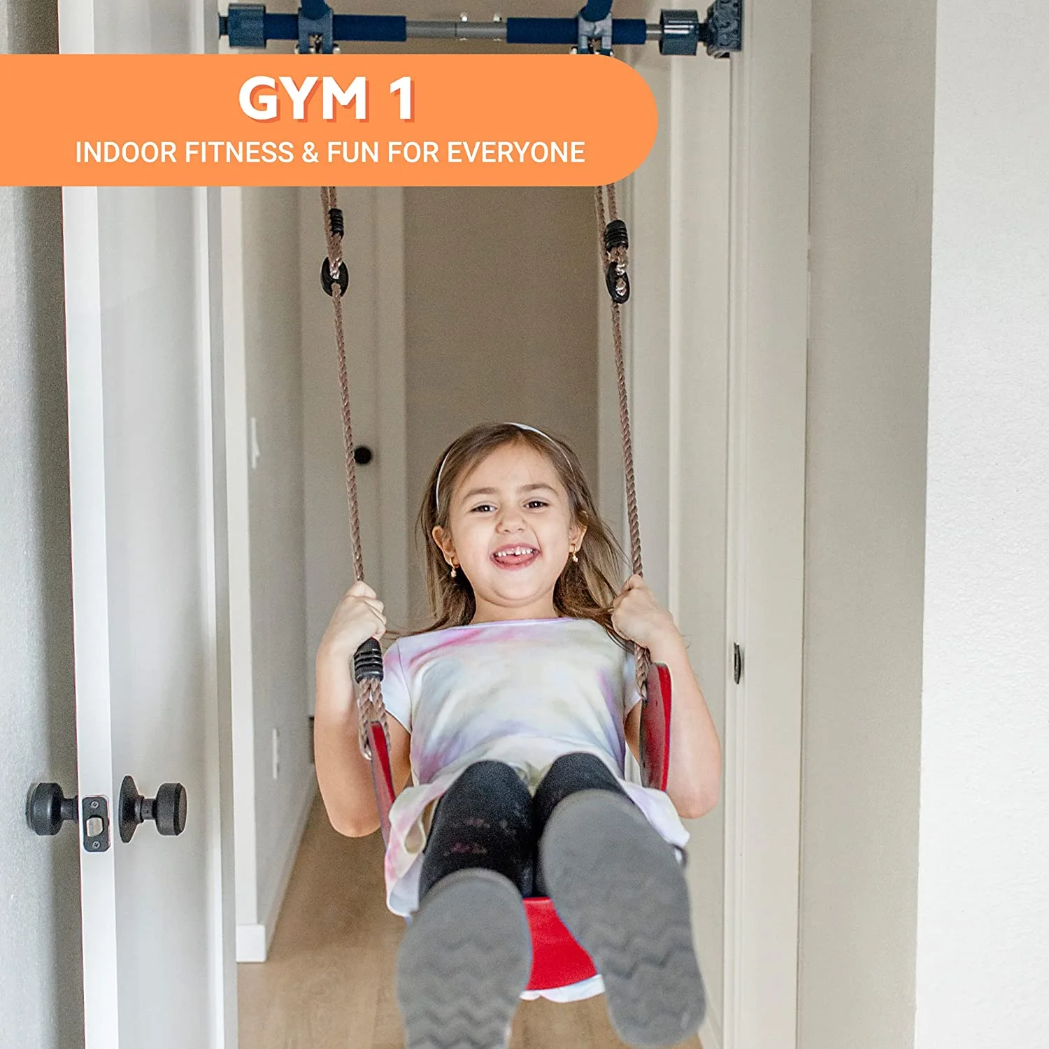 Gym1 – Deluxe Indoor Doorway Gym for Kids Playground Set – All in One Gym Set – Four Ways of Fun: Blue Indoor Swing, Plastic Rings, Climbing Ladder, and Pull Up Bar