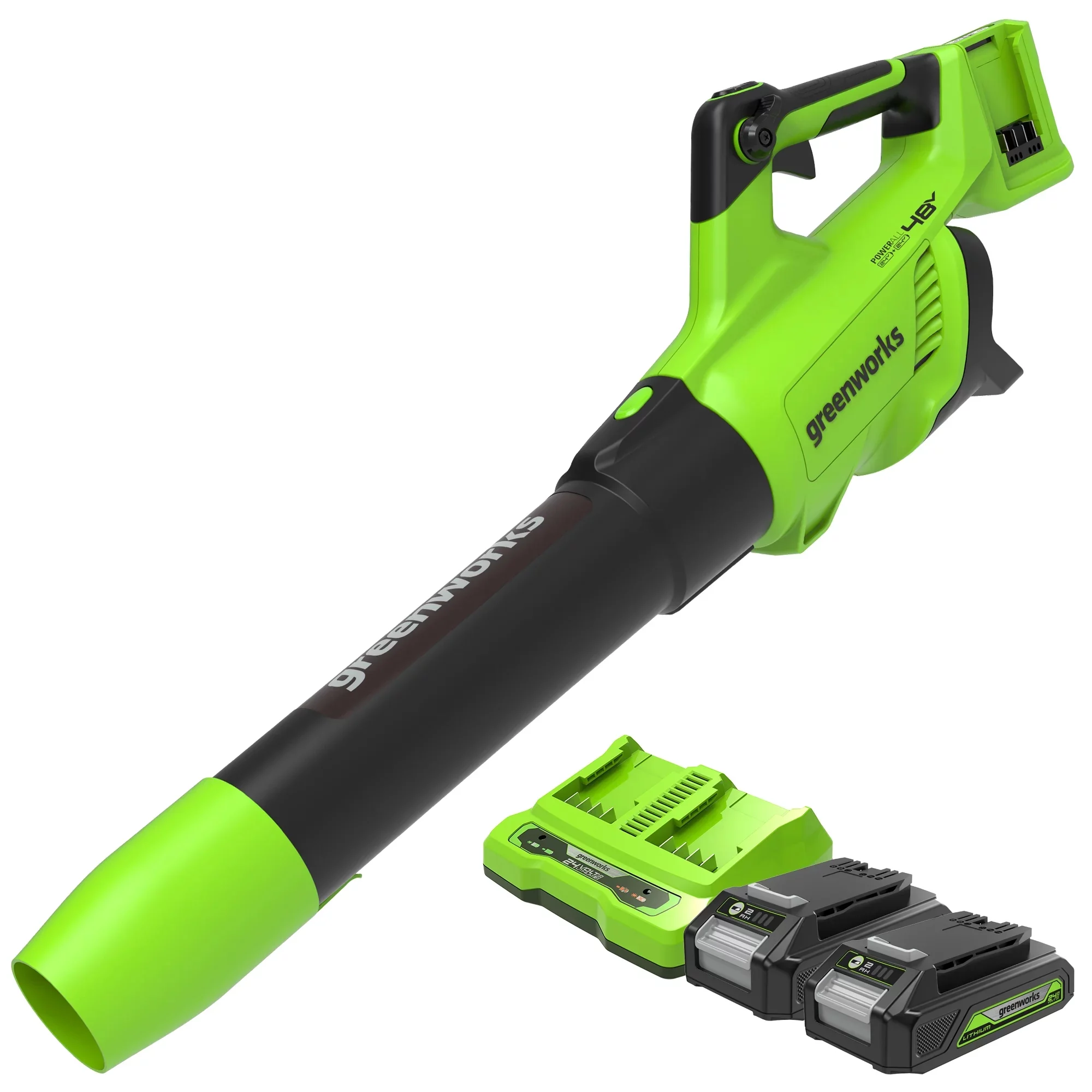 Greenworks 48V Brushless Leaf Blower 515CFM 125MPH with 2 (24V) 2.0Ah Batteries & 4A Dual Port Charger