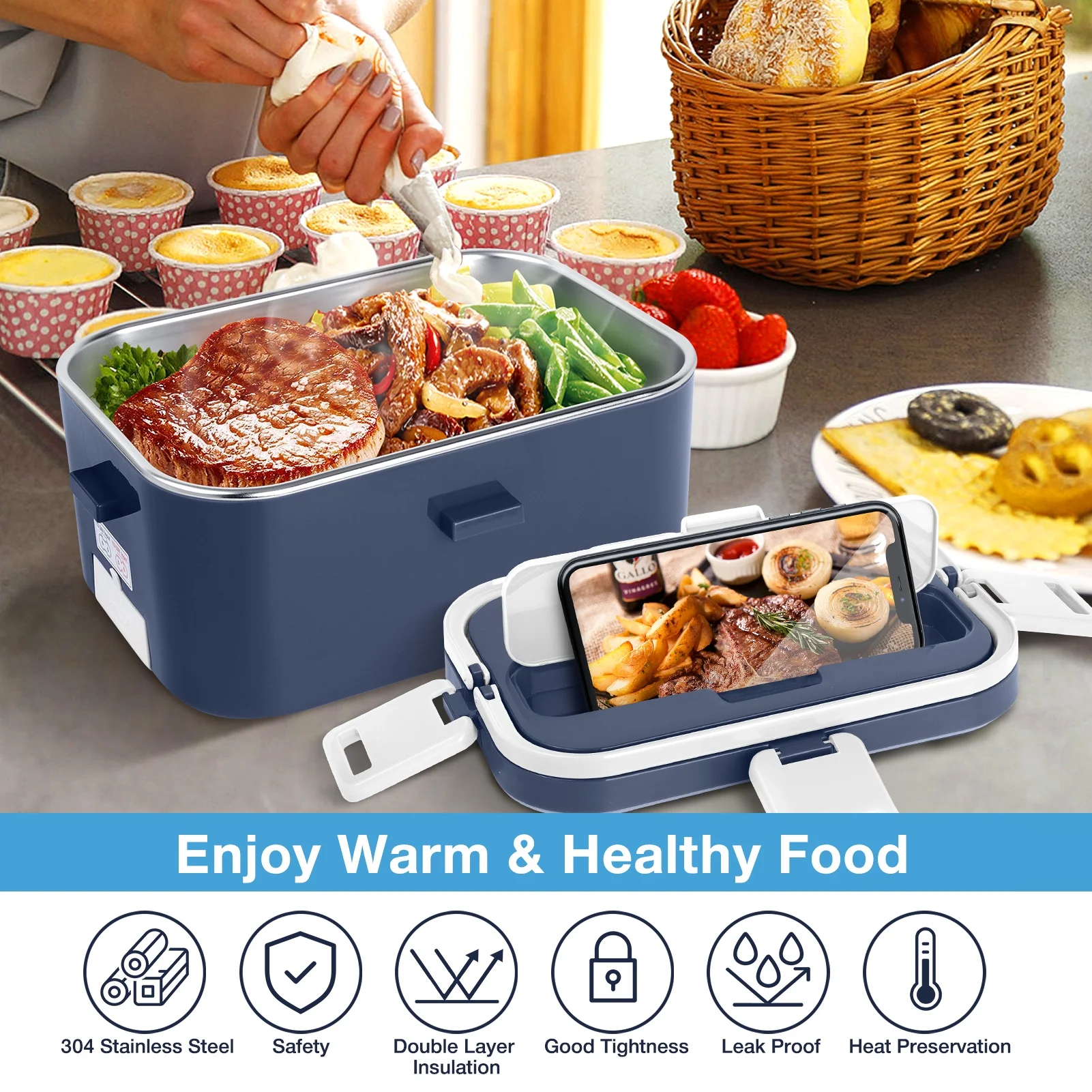 Livhil Electric Lunch Box Food Heater, Portable Food Warmer, Hot Lunch Warmer Heated Lunch Box for Adults, 60W 1.8L 12V-24V 110V Stainless Steel Container Portable Food Heater (Green+Royal Blue)