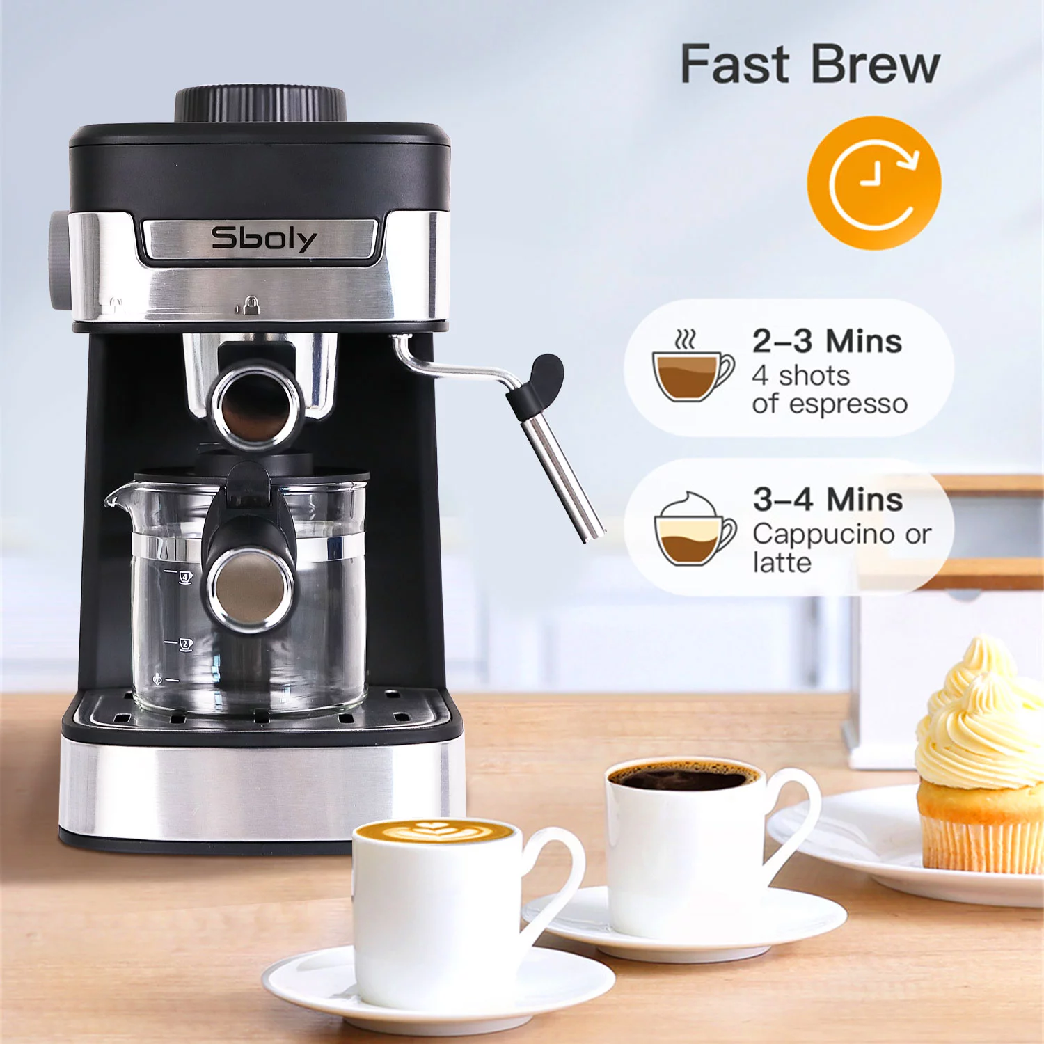 Sboly Coffee Maker Steam Espresso Machine with Milk Frother , New 1-4 Cup Expresso Black