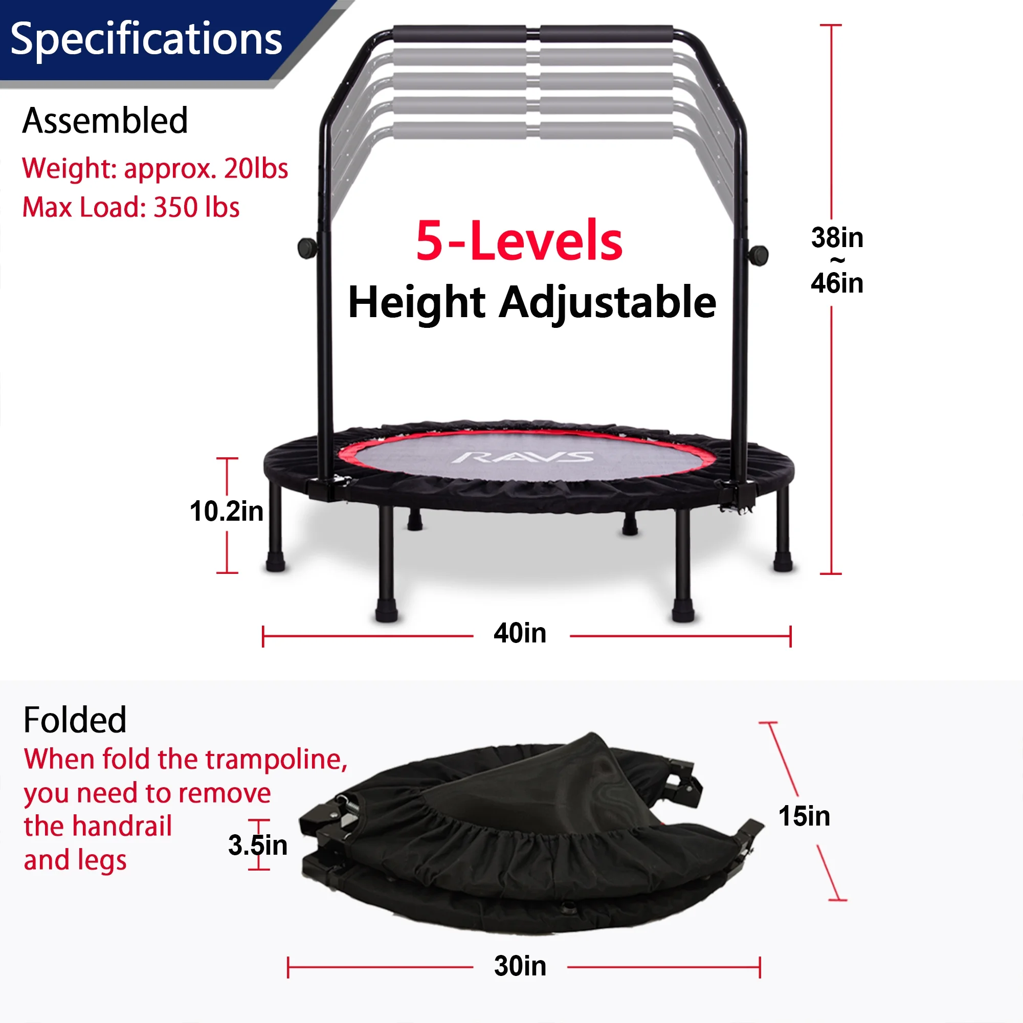 RAVS 40” inch Black Foldable Mini Trampoline Rebounder for Kids and Adults with Height Adjustable Handle