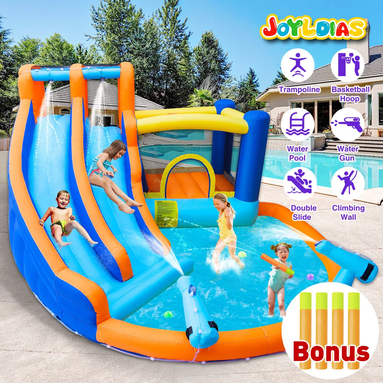 JOYLDIAS Kids Inflatable Water Slide Giant Water Park Double Slide Bouncer Playhouse Castle with 4 Water Guns, Pool, Jump Area, Climbing Wall, Air Blower