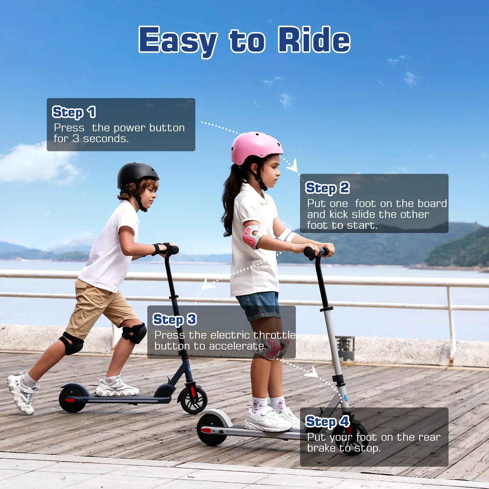 CAROMA Electric Scooter for Kids Ages 6-12, up to 120 lbs, Up to 6 mph & Up to 60 mins of Ride Time, 120W 22V Power Motor, Unique 7 Color Pedal Light, 5″ E-Scooter for Kids Boys Girls Blue