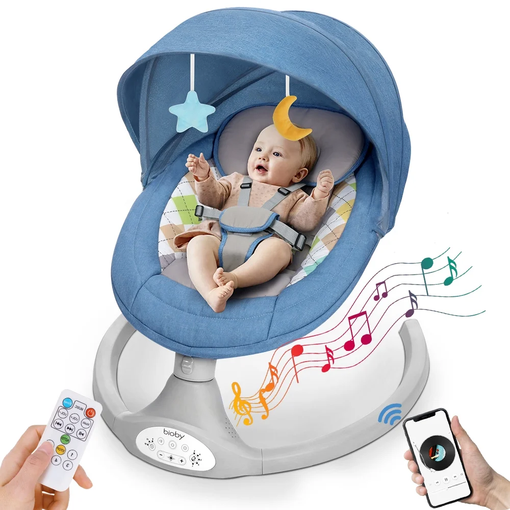 Electric Baby Swing, Bioby Infant Swing Chair Rocker with Remote Control, 5 Swing Speeds, Seat Belt, Bluetooth Music, Grey