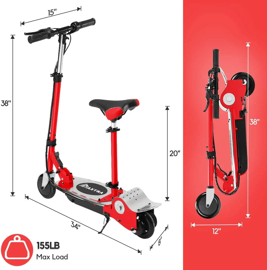 Maxtra E120 Folding Electric Scooter with Seat for Kids Ages 6-12, 60 Mins Long Battery Life, Removable Seat 2 Riding Styles, 155lbs Max Load