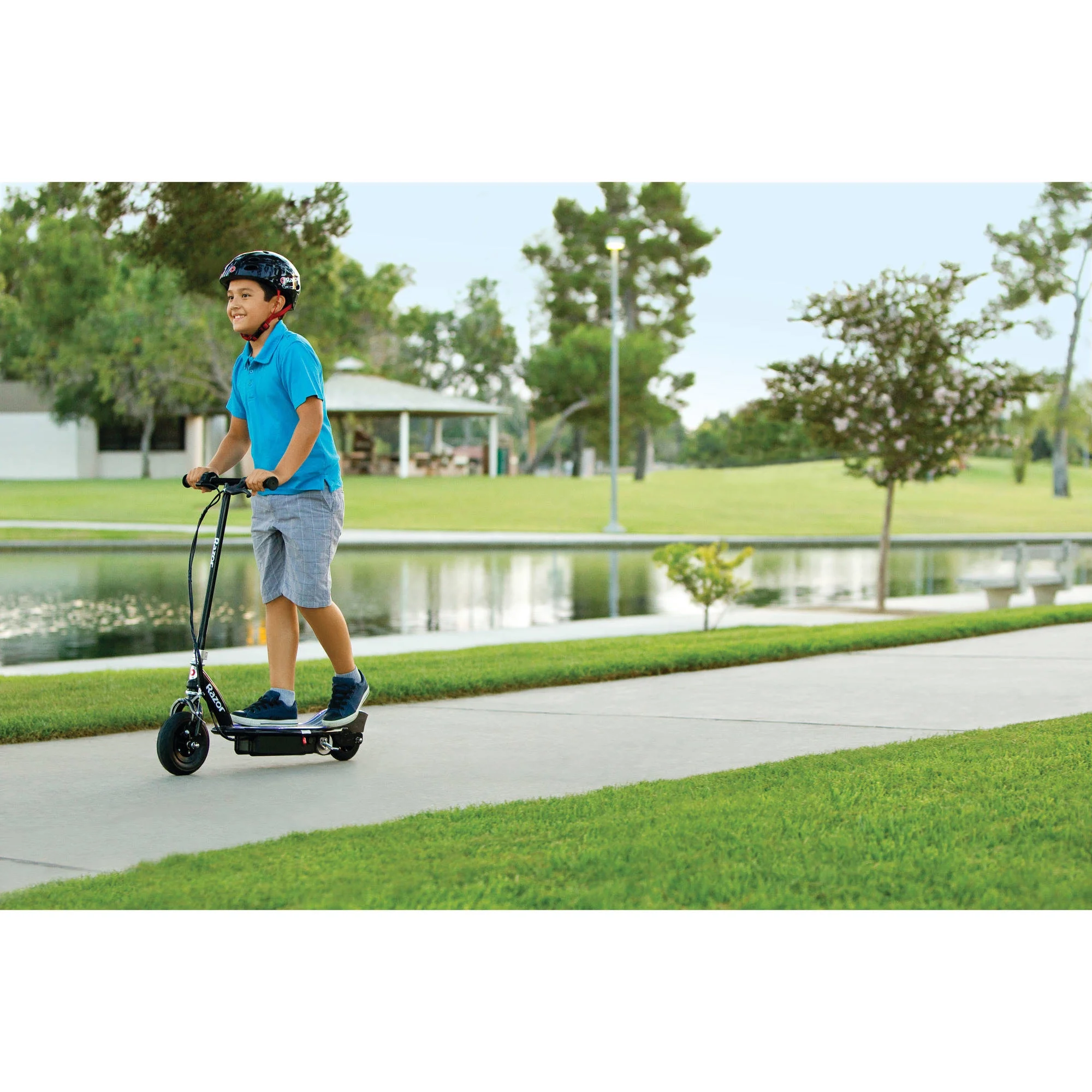 Razor E100 Glow Electric Scooter for Kids Ages 8+ and up to 120 lbs, 8″ Pneumatic Front Tire, LED Light-Up Deck, 100W Chain Motor, Up to 10 mph & up to 40 mins Ride Time, 24V Sealed Lead-Acid Battery