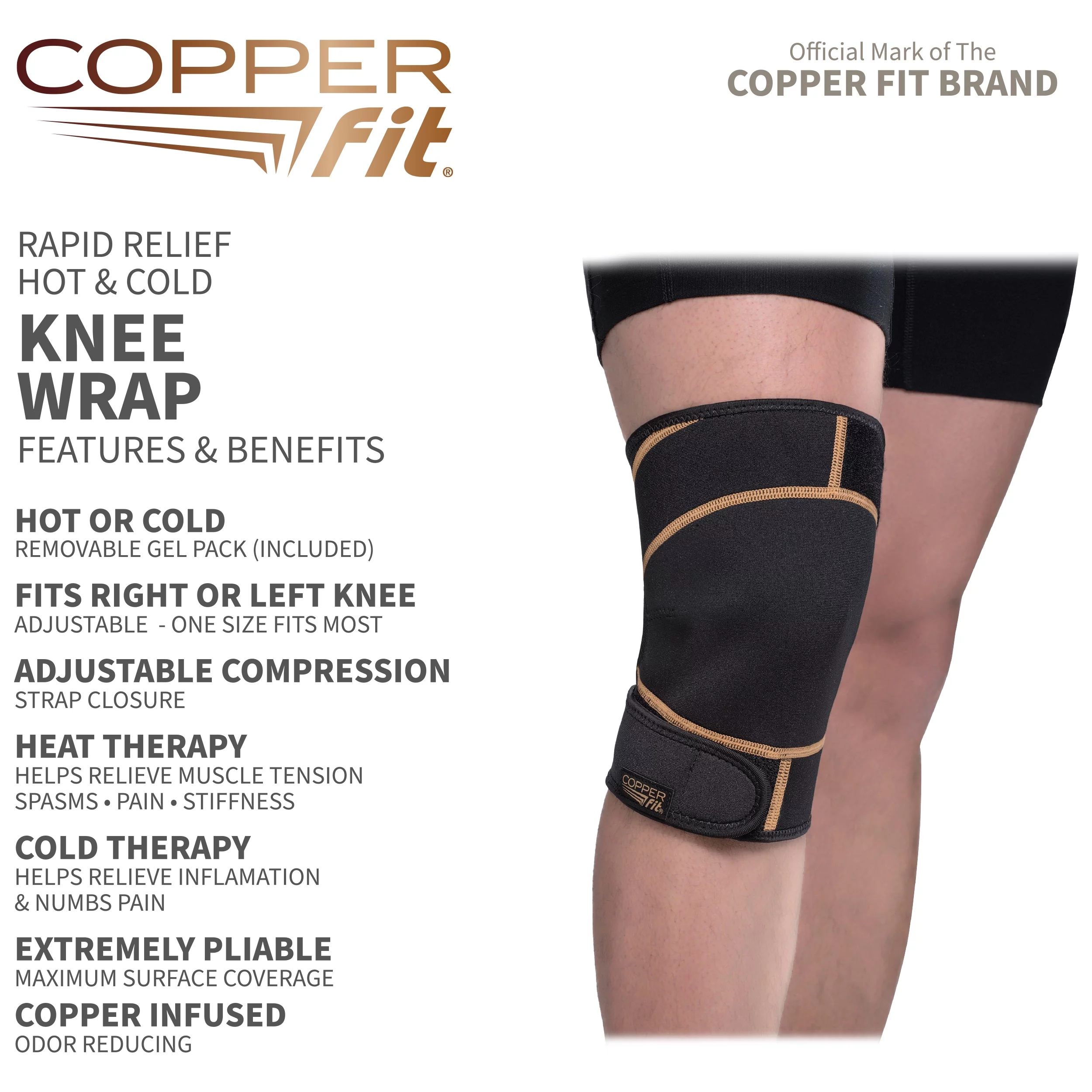 Copper Fit Rapid Relief Knee Compression Wrap Brace with Hot and Cold Therapy, Adjustable, Black