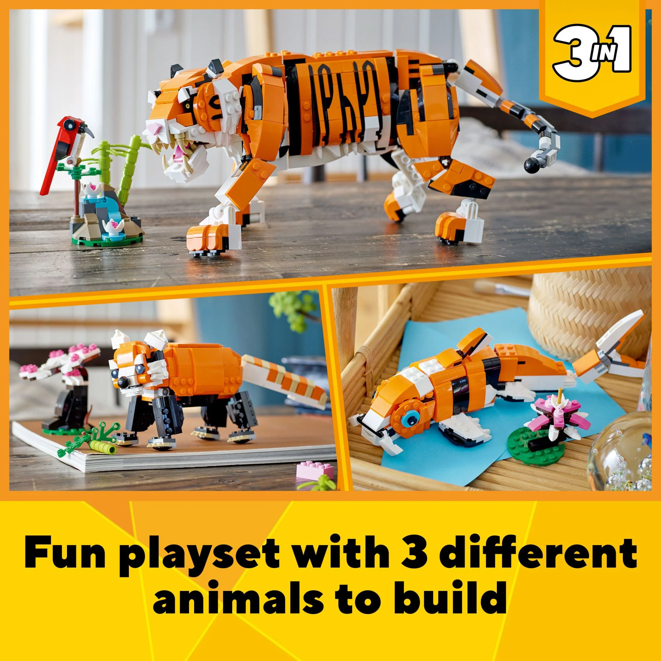 LEGO Creator 3 in 1 Majestic Tiger Building Set, Transforms from Tiger to Panda or Koi Fish Set, Animal Figures, Collectible Building Toy, Gifts for Kids, Boys & Girls 9 Plus Years Old, 31129