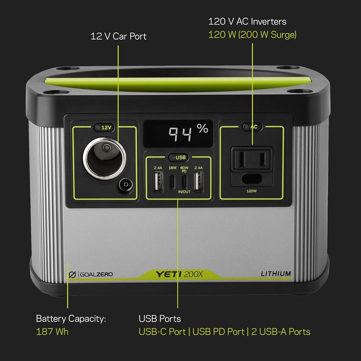 Goal Zero Yeti 200X Portable Power Station 187Wh Lithium Battery Generator 120 Watt AC Inverter