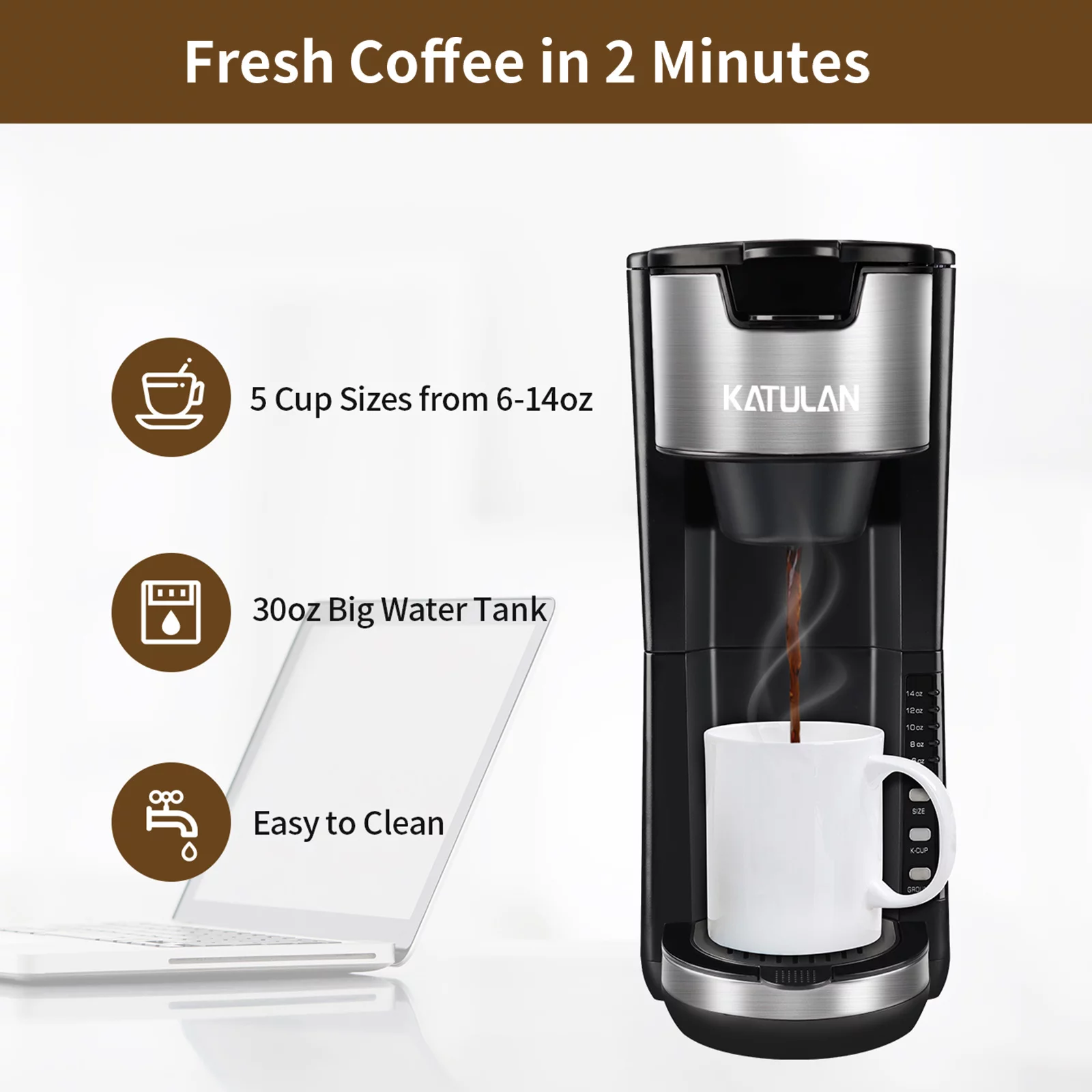 Single Serve Coffee Maker K Cup & Ground Coffee, One Cup Coffee Maker Brews 6-14 Oz in 2 Mins, Pod Coffee Maker Fits Travel Mugs, with 30 Oz Removable Water Tank, Reuseable Filter, Black