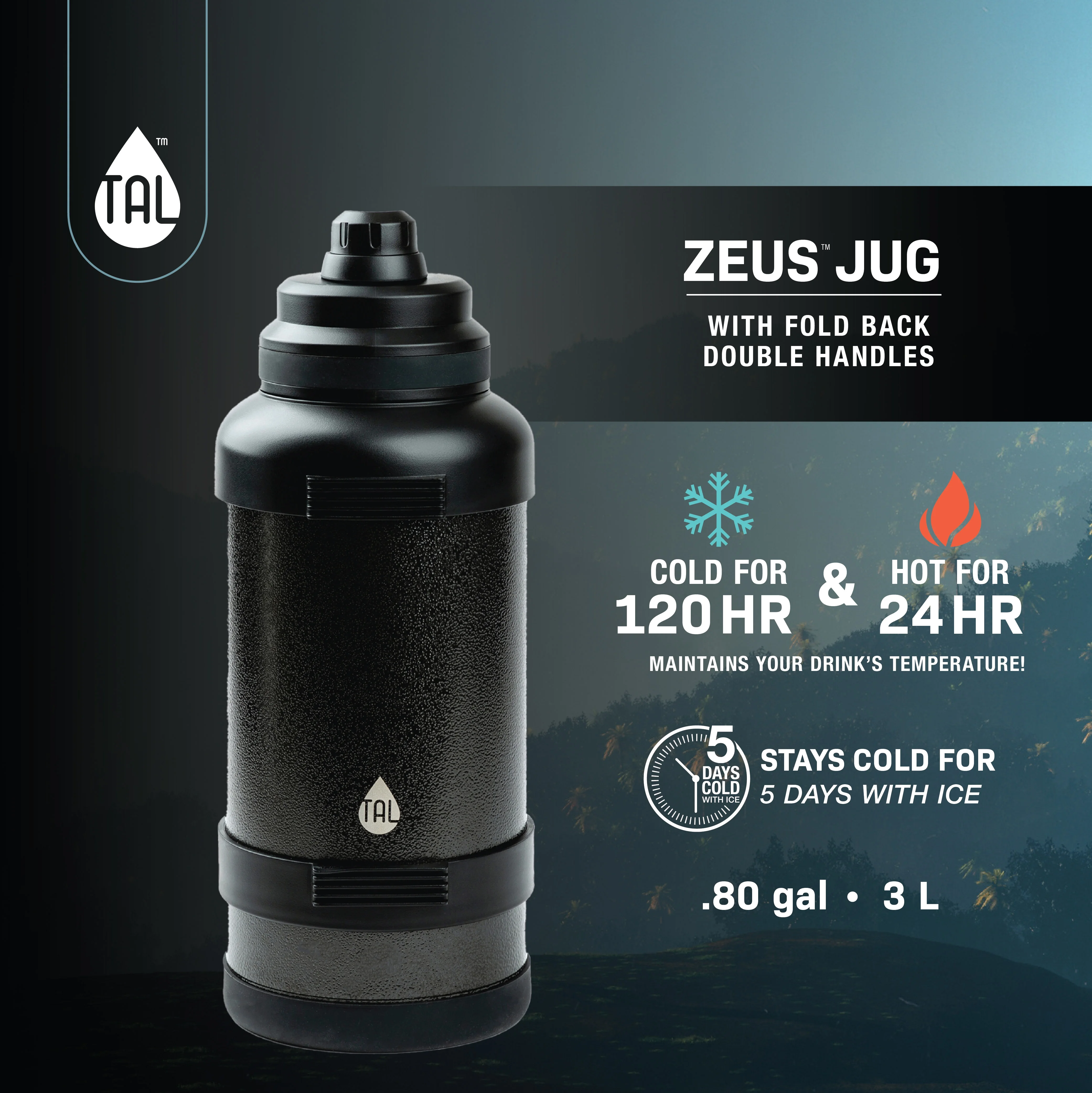 TAL Stainless Steel Zeus Water Bottle 3 Liter, Black