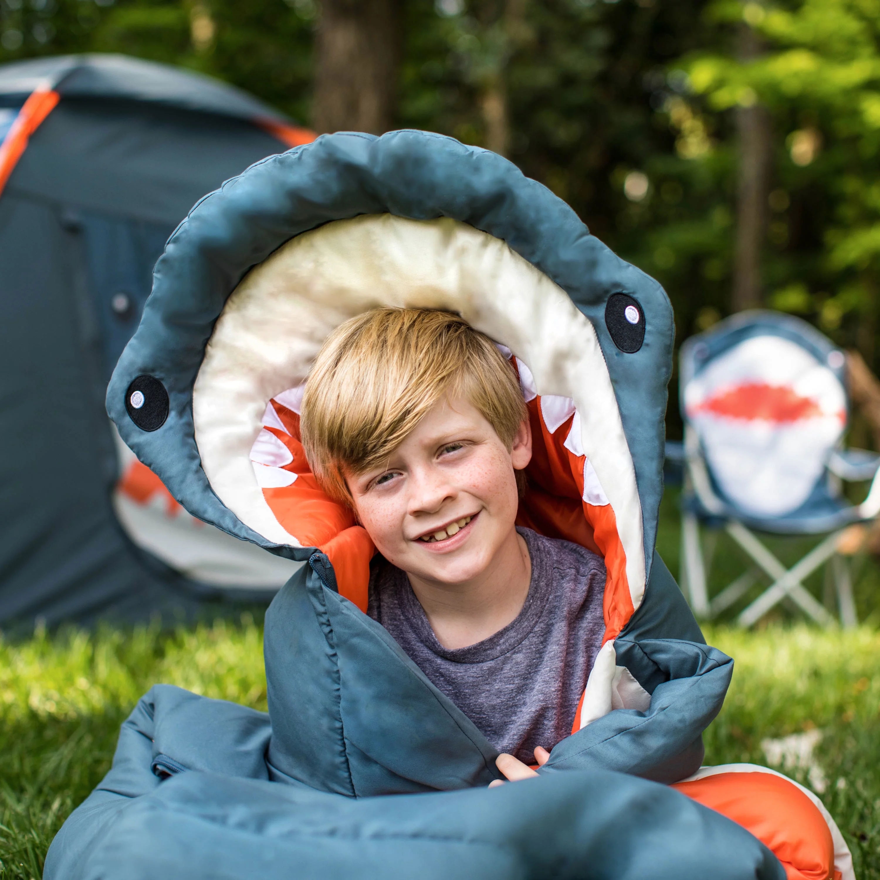 Firefly! Outdoor Gear Finn the Shark Kid’s Sleeping Bag – Navy/Gray (youth size 65 in. x 24 in.)