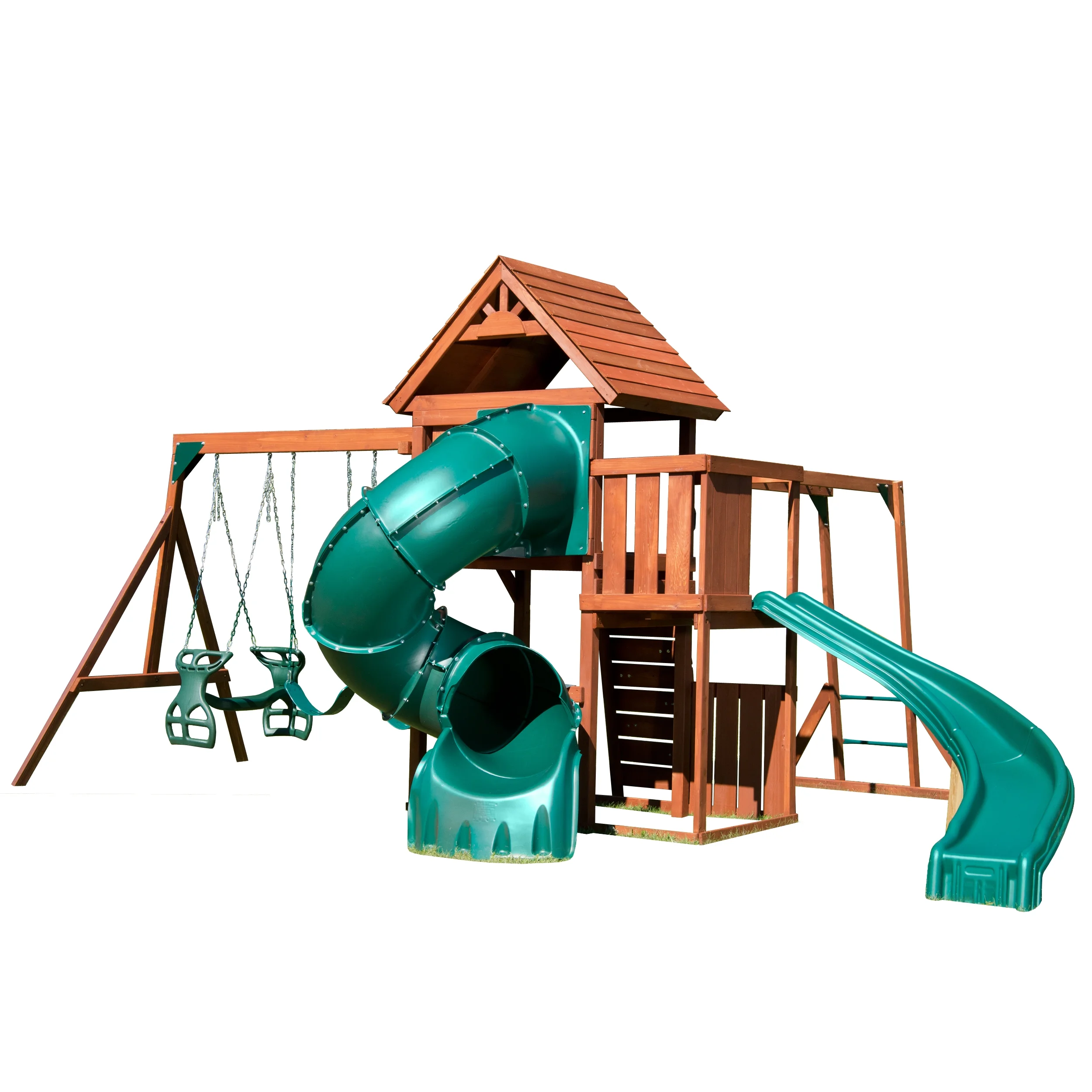 Swing-N-Slide Grandview Twist Wood Backyard Swing Set with Tube Slide, Curved Slide, Wood Roof, Monkey Bars and Swings