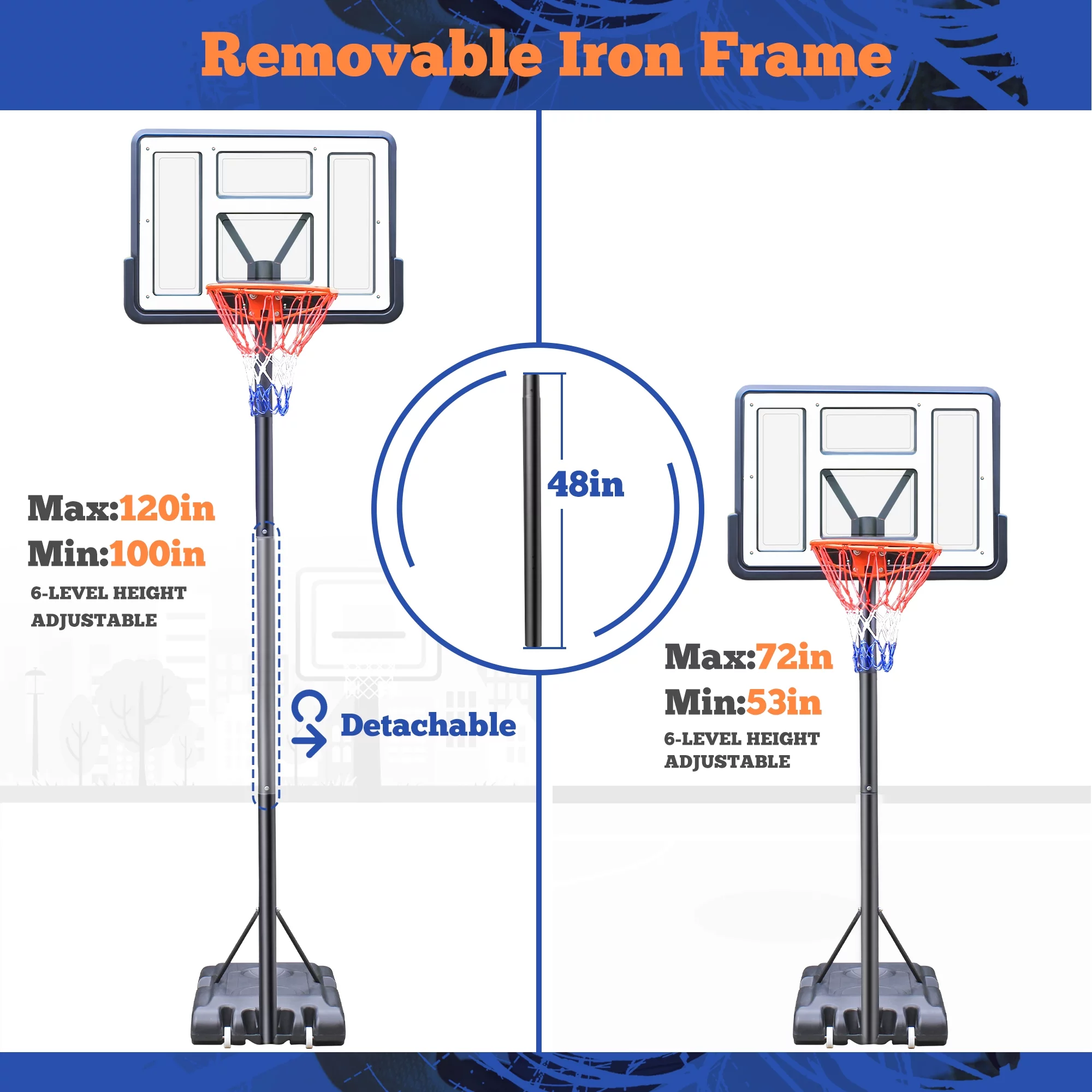 iFanze 44″ Basketball Hoop, 4.4-10ft Height Adjustable Portable Basketball Goal System with Shatterproof PVC Backboard and 18″ Rim, Kids Adults Basketball Court Indoor Outdoor