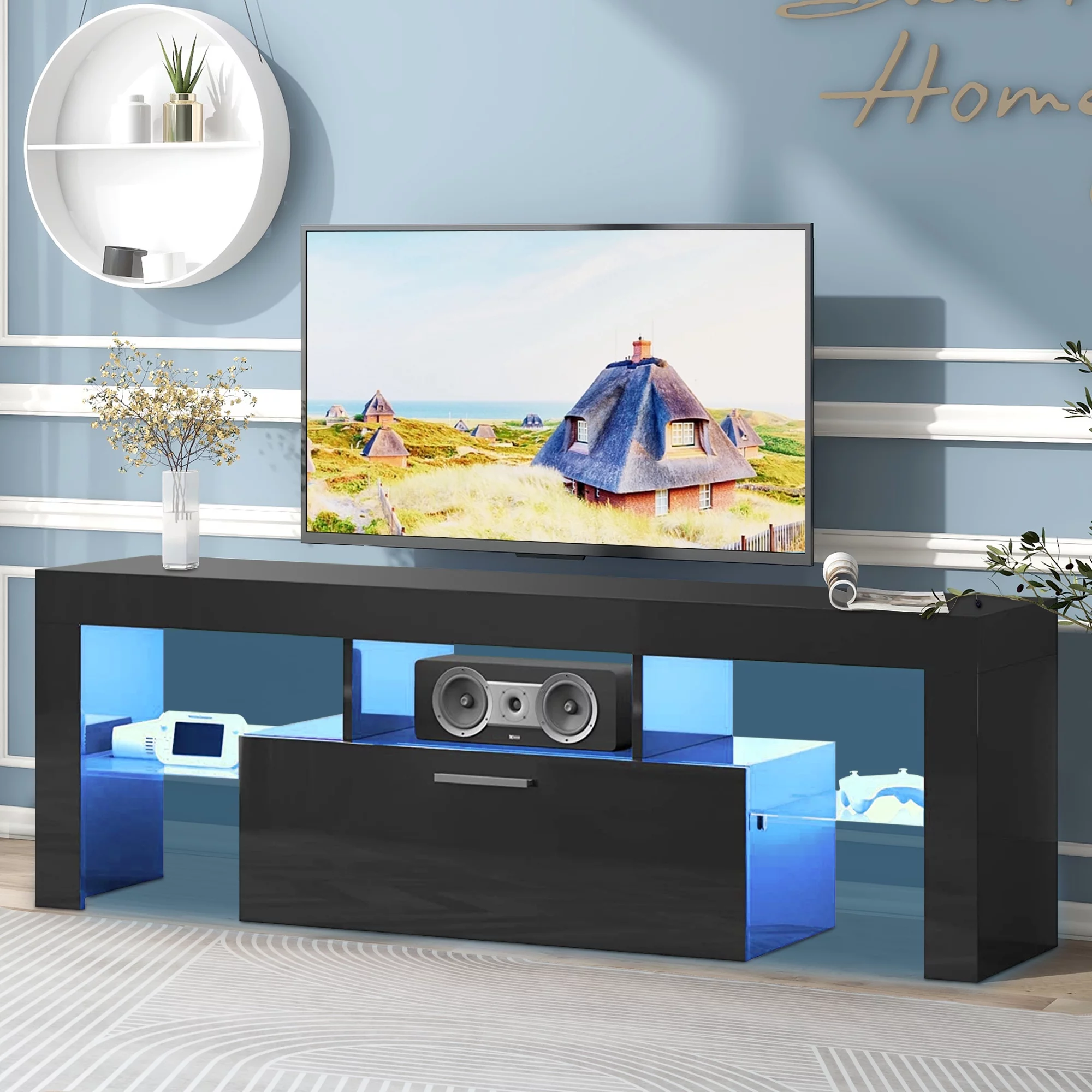 uhomepro TV Stand for TVs up to 70″, Living Room Entertainment Center with RGB LED Lights and Storage Shelves Furniture, White High Gloss TV Cabinet Console Table