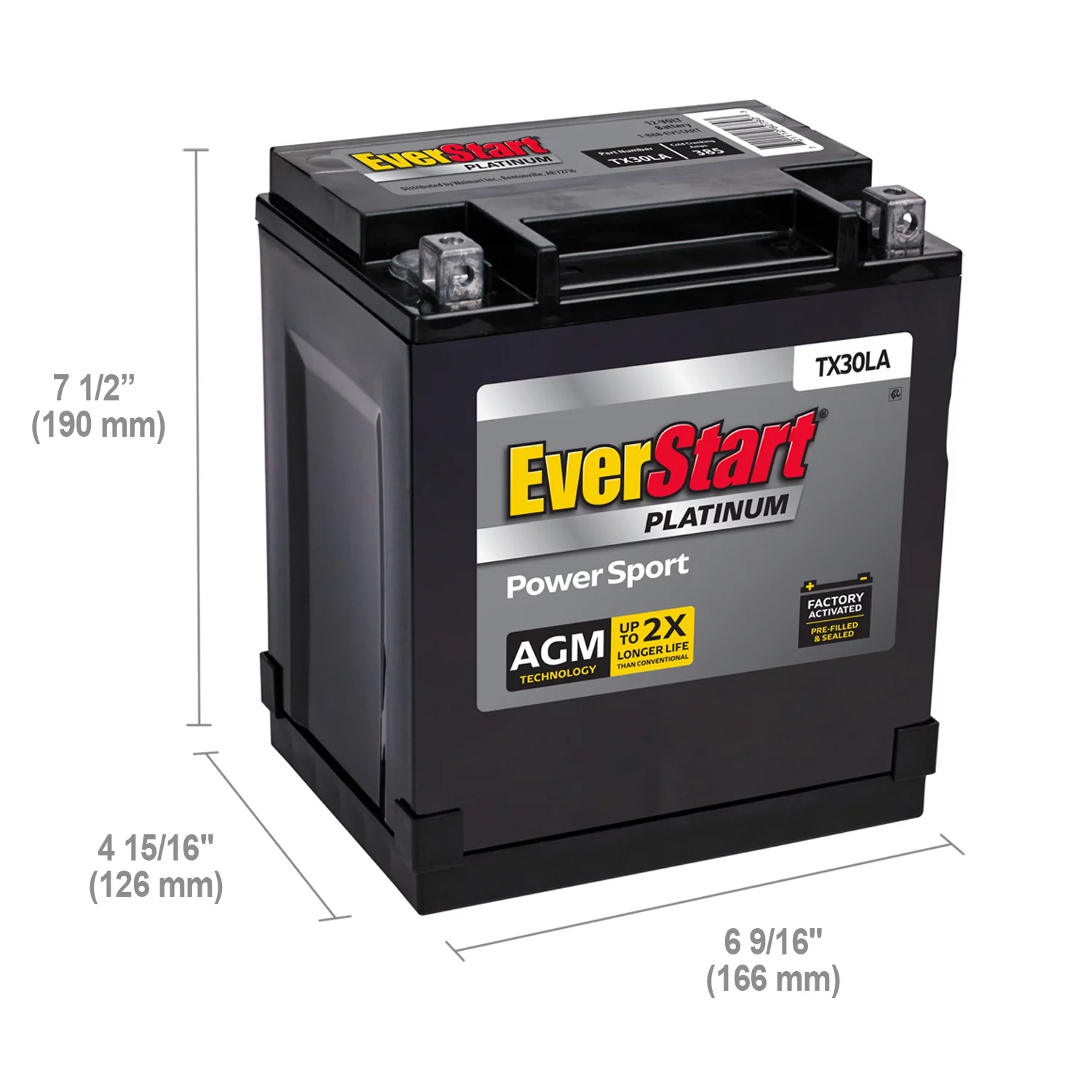 EverStart PowerSport Factory Activated AGM Motorcycle Battery, Group Size TX30LA 12 Volts, 385 CCA