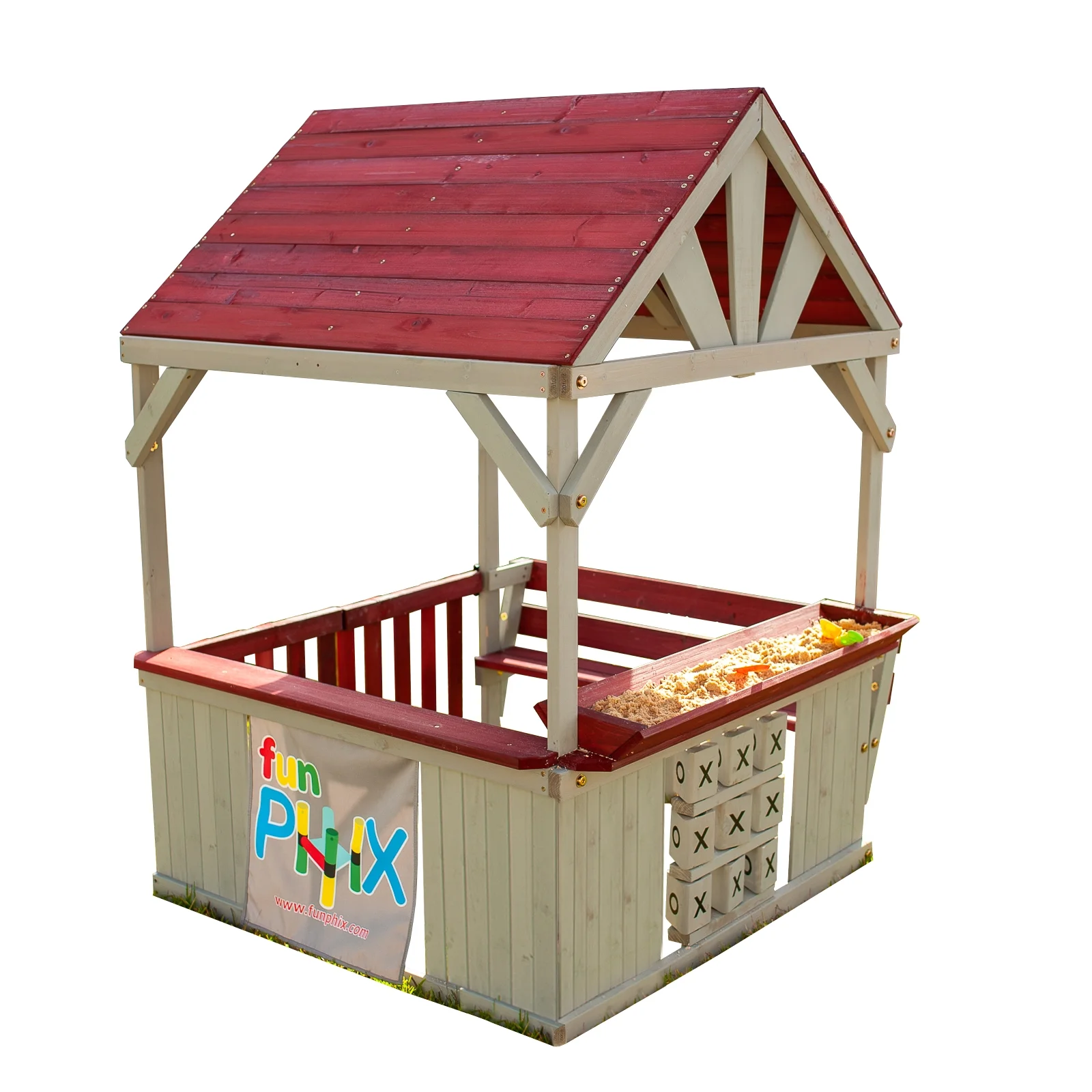 Wooden Playhouse for Kids Outdoor – Funphix Backyard Playhouse with Bench, Sandbox, Tic Tac Toe, Roof, & Doors – ASTM Certified & Easy to Assemble Kids Outdoor Playset Made of Durable Cedar Wood