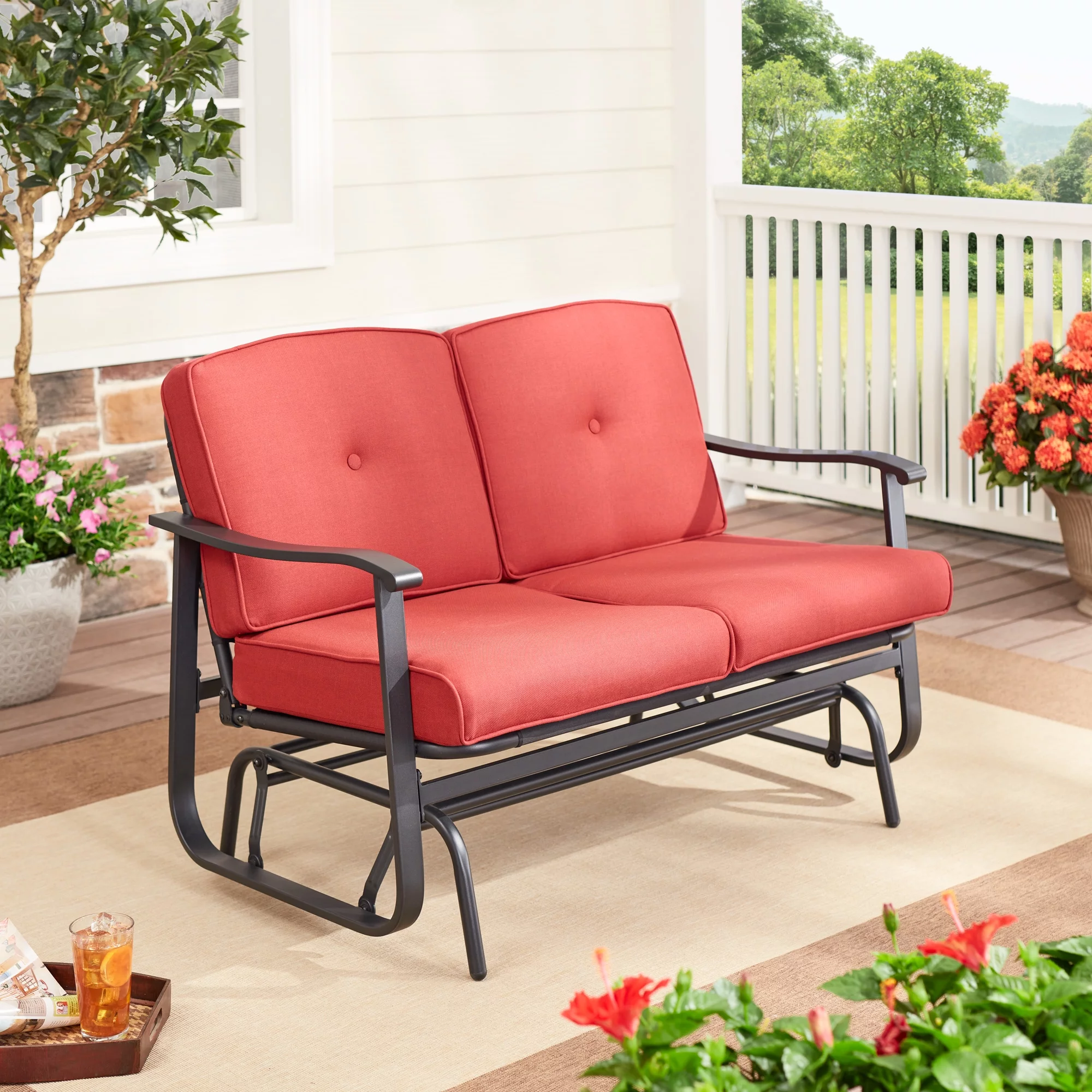 Mainstays Belden Park Cushion Steel Outdoor Glider Bench – Red/Black